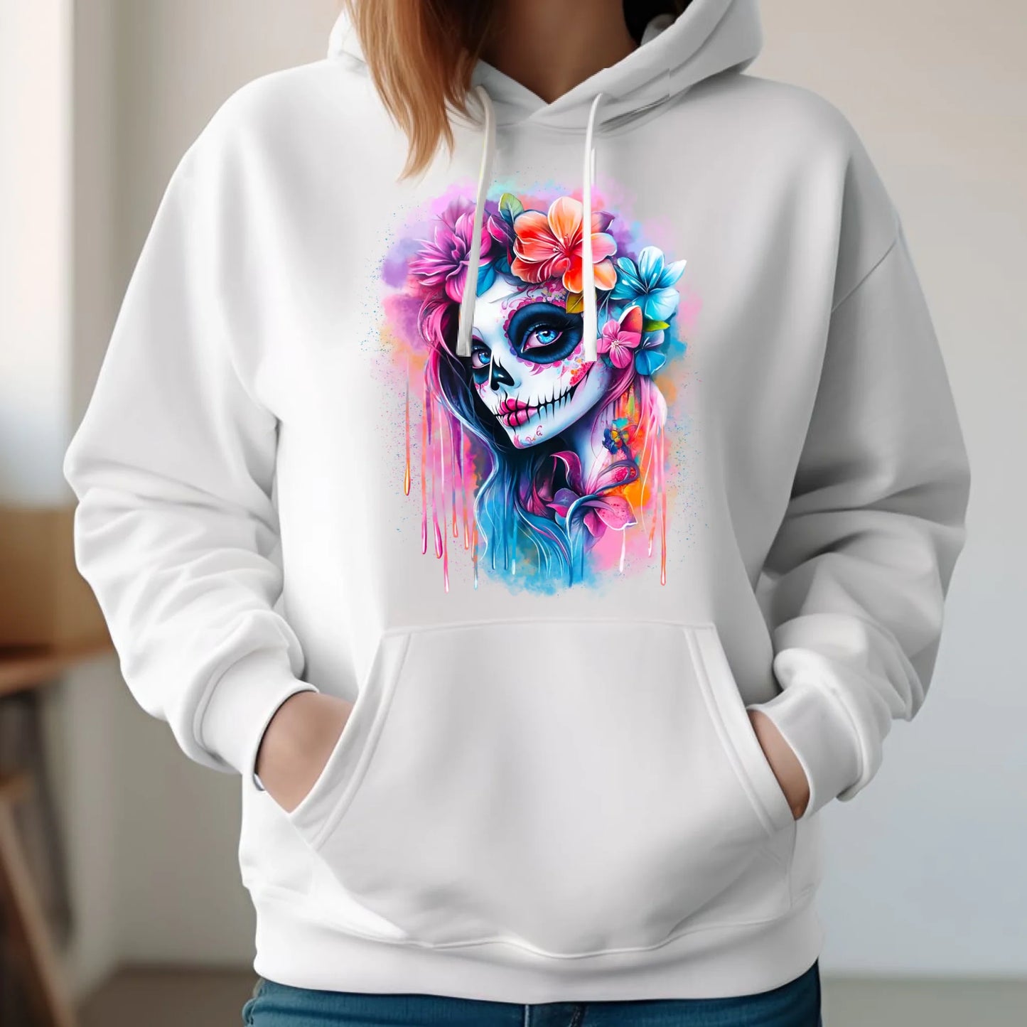 Bluza damska z kapturem Halloween - kolorowa czaszka z kwiatami La Muerte HL05 - StoryCups.pl
