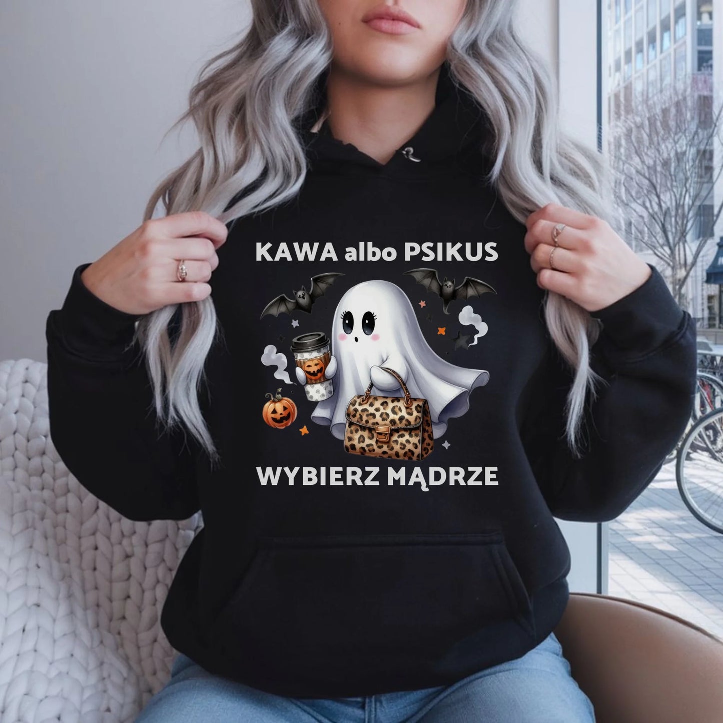 Bluza damska z kapturem halloweenowa - Duch - Kawa albo psikus HL07 - StoryCups.pl