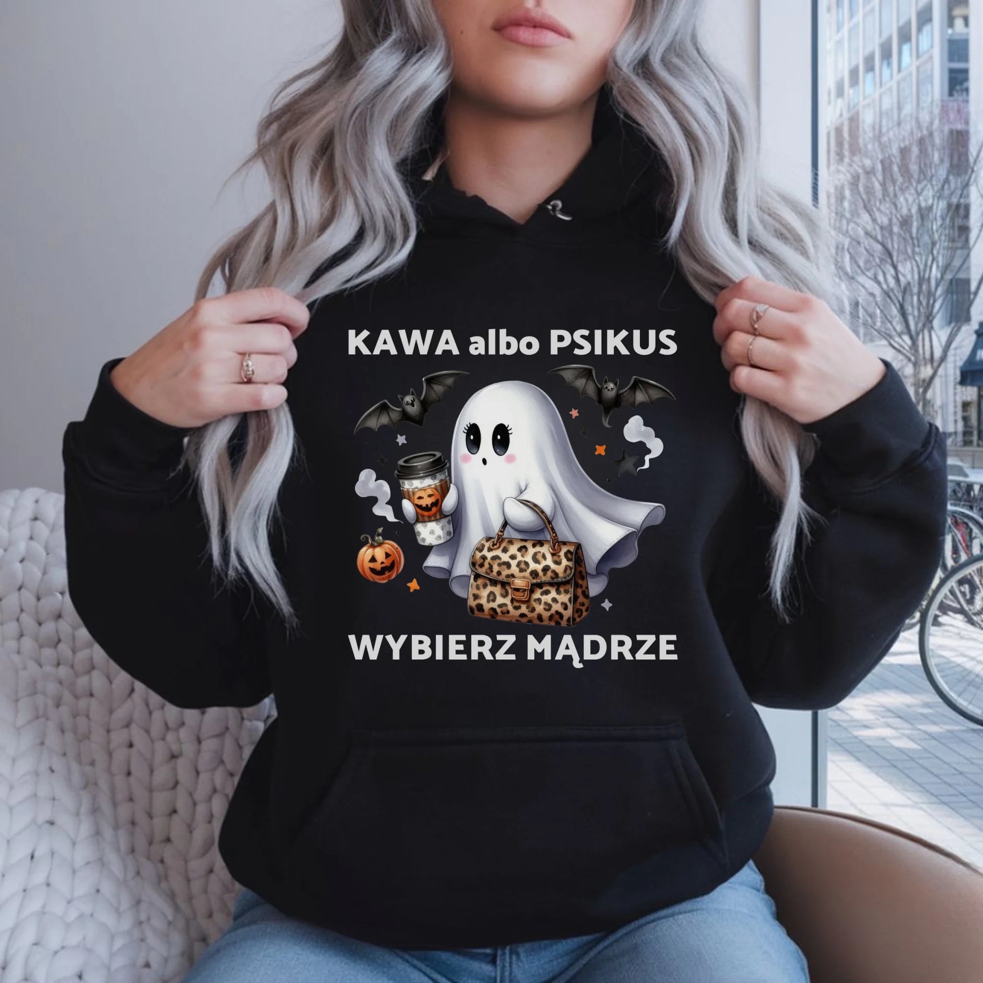 Bluza damska z kapturem halloweenowa - Duch - Kawa albo psikus HL07 - StoryCups.pl