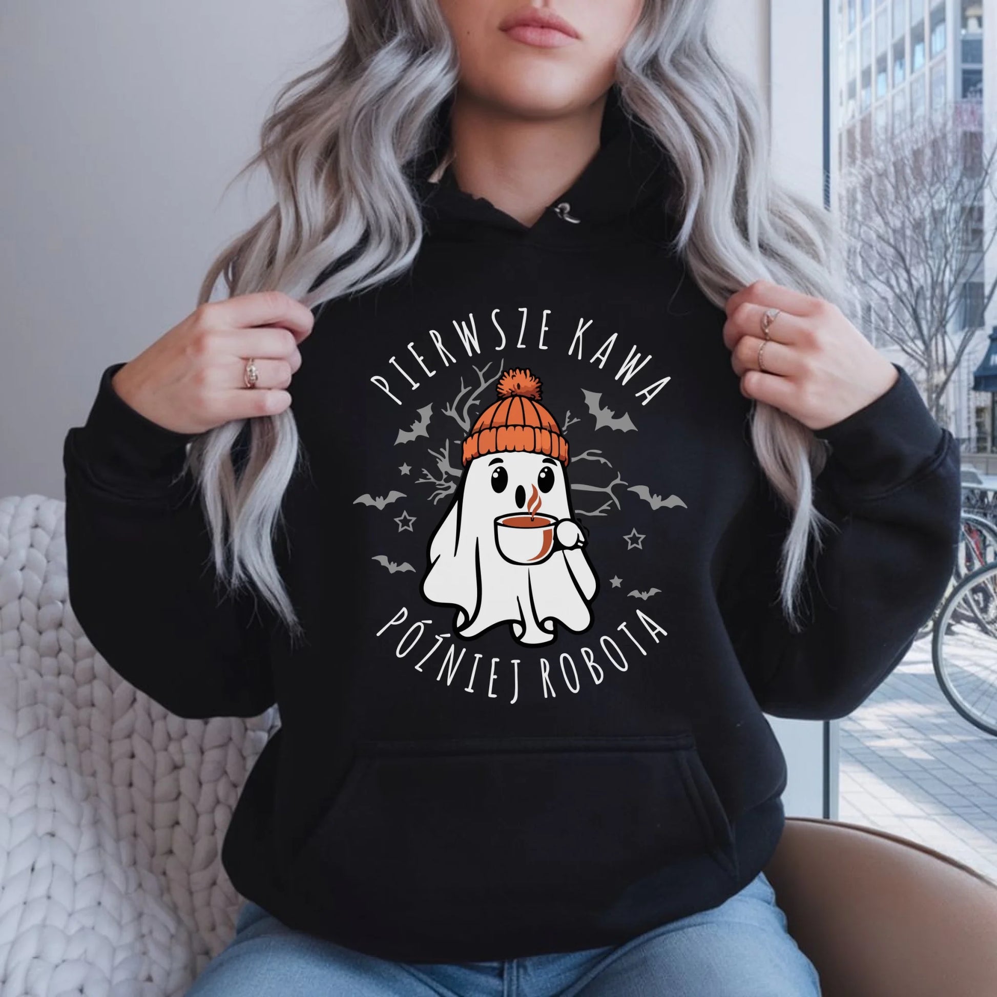 Bluza damska z kapturem na Halloween - Duch z kawą - Pierwsze kawa później robota HL01 - StoryCups.pl