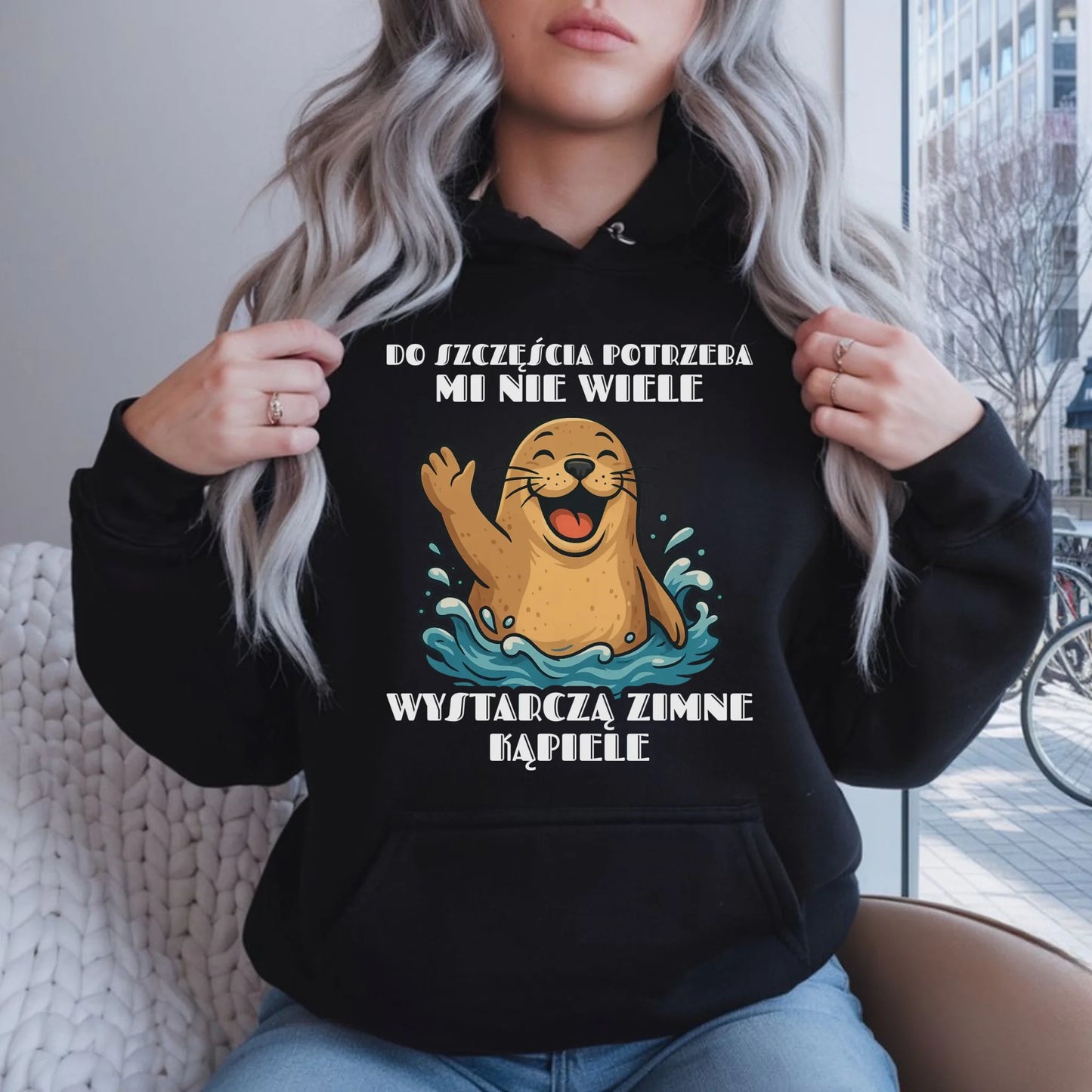 Bluza damska z kapturem - prezent dla morsa - Do szczęścia potrzeba mi nie wiele HM06 - StoryCups.pl