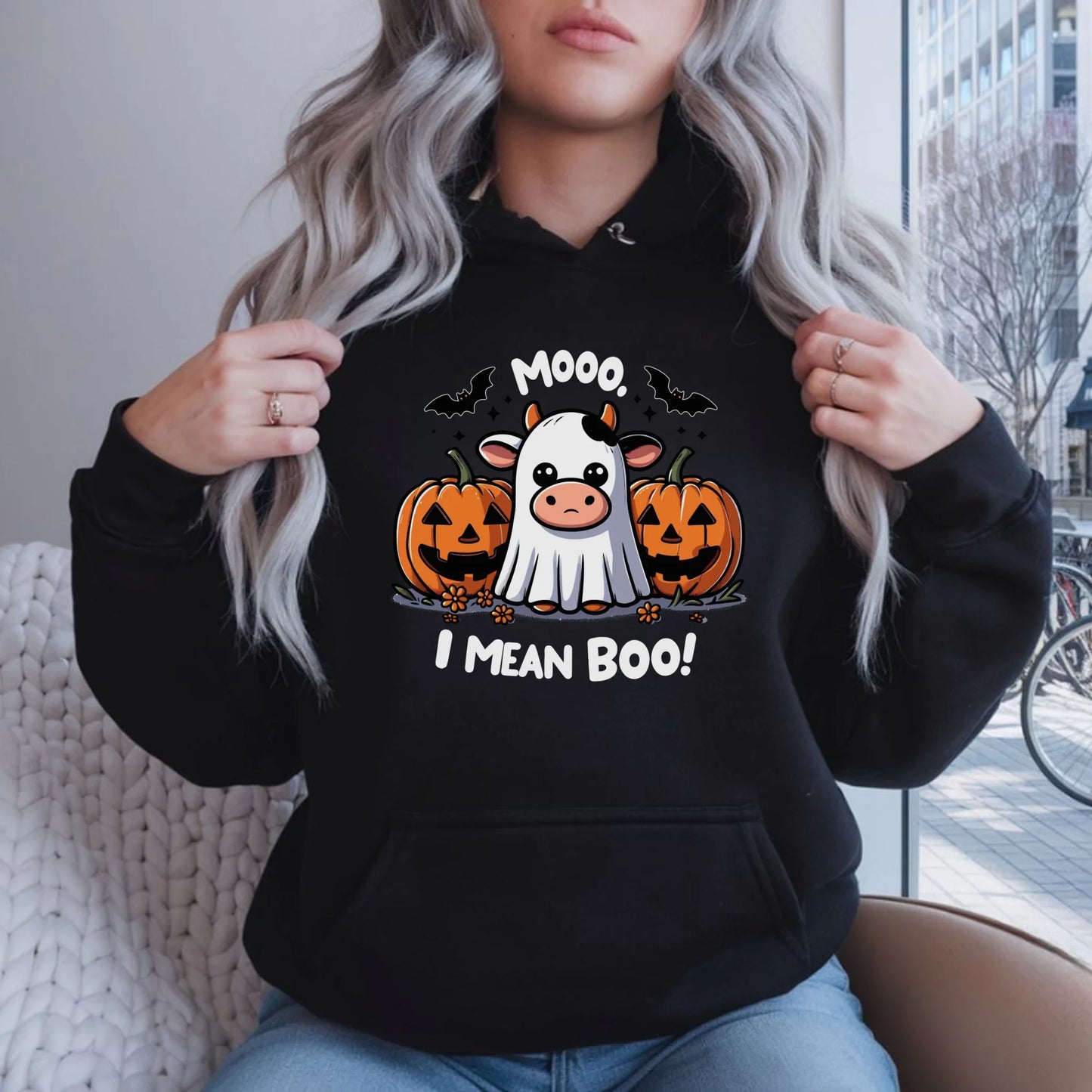 Bluza damska z kapturem na Halloween - Mooo I mean Boo! - z dynią i duchem HL14 - StoryCups.pl