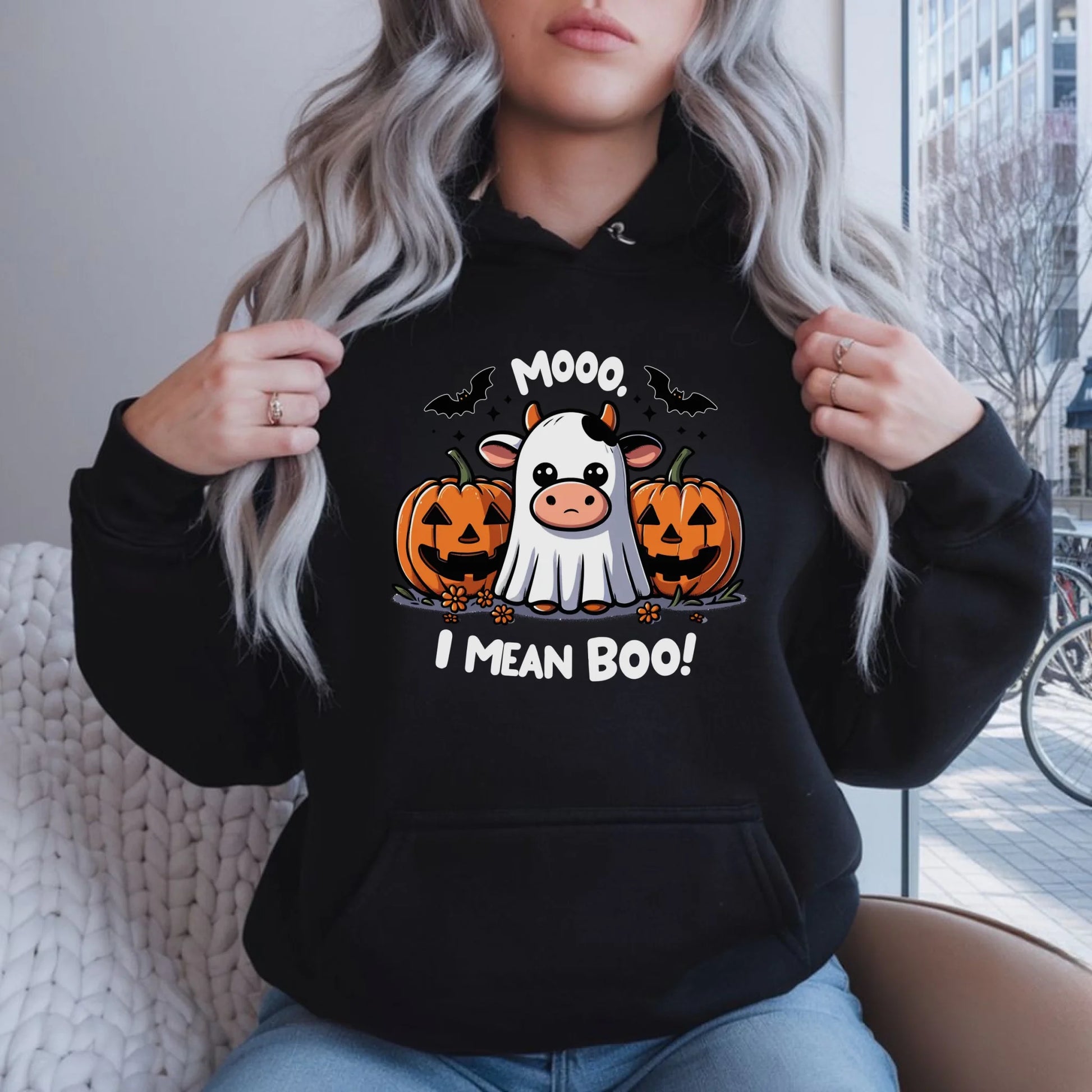 Bluza damska z kapturem na Halloween - Mooo I mean Boo! - z dynią i duchem HL14 - StoryCups.pl