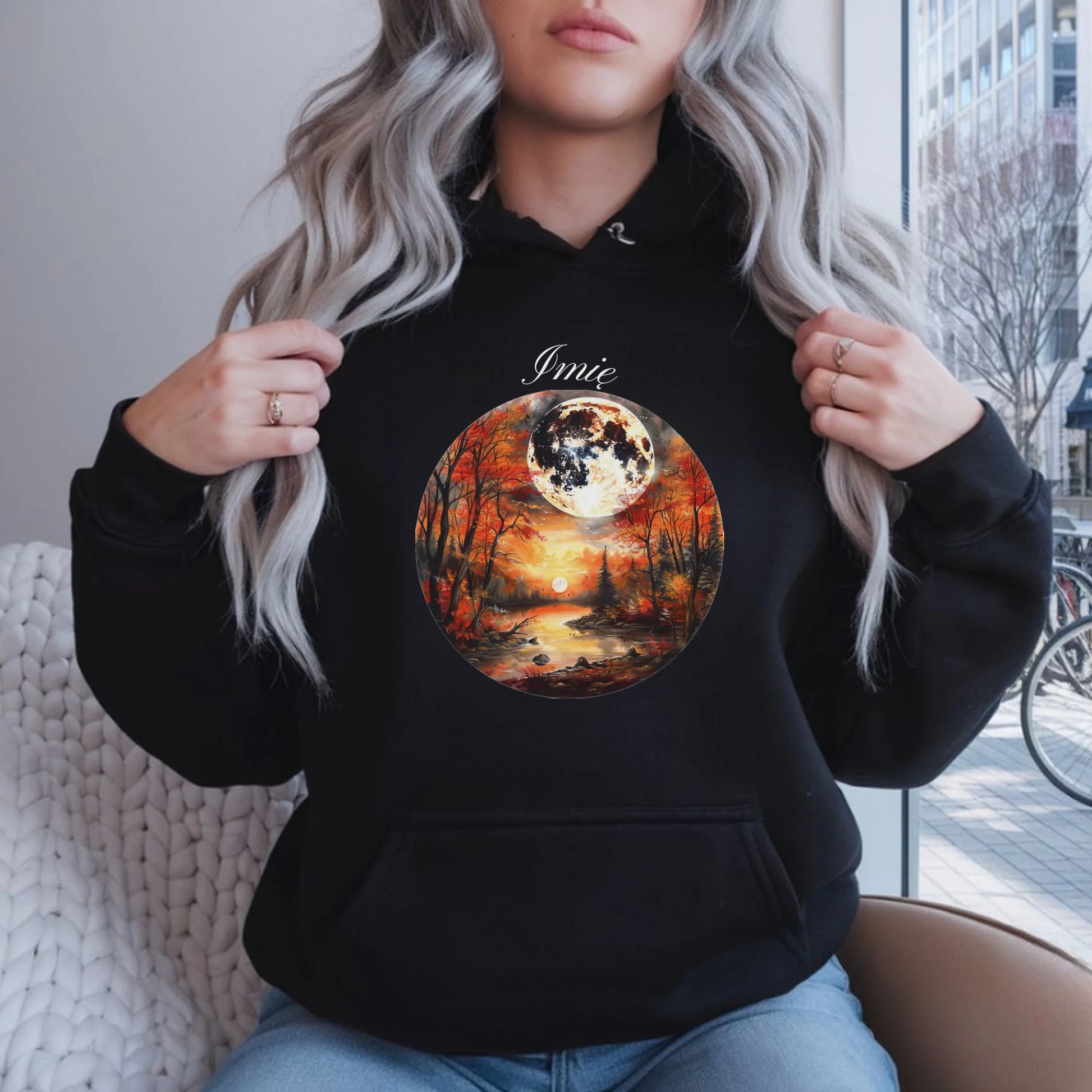 Bluza damska z kapturem jesieniara - Pełnia księżyca - personalizowana JS10 - StoryCups.pl