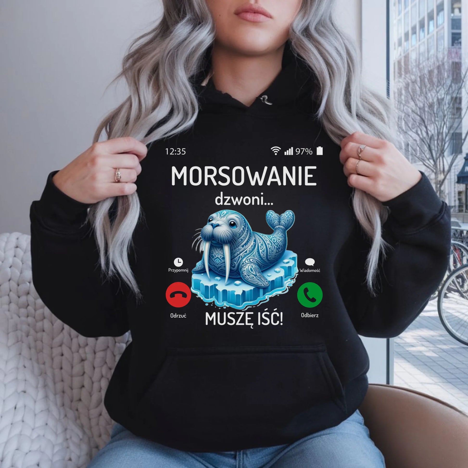 Bluza damska z kapturem - prezent dla morsa - Morsowanie dzwoni muszę iść - Mors HM04 - StoryCups.pl