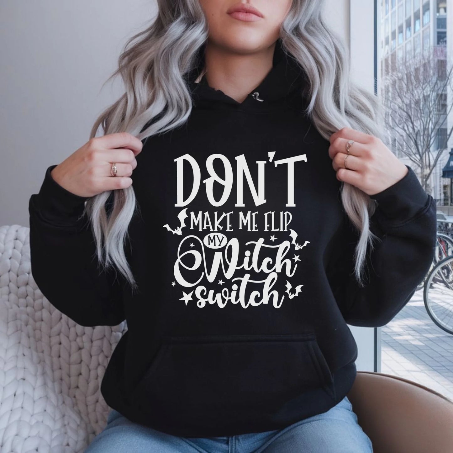 Bluza damska z kapturem na Halloween - Don't make me flip my witch switch - śmieszna HL11 - StoryCups.pl