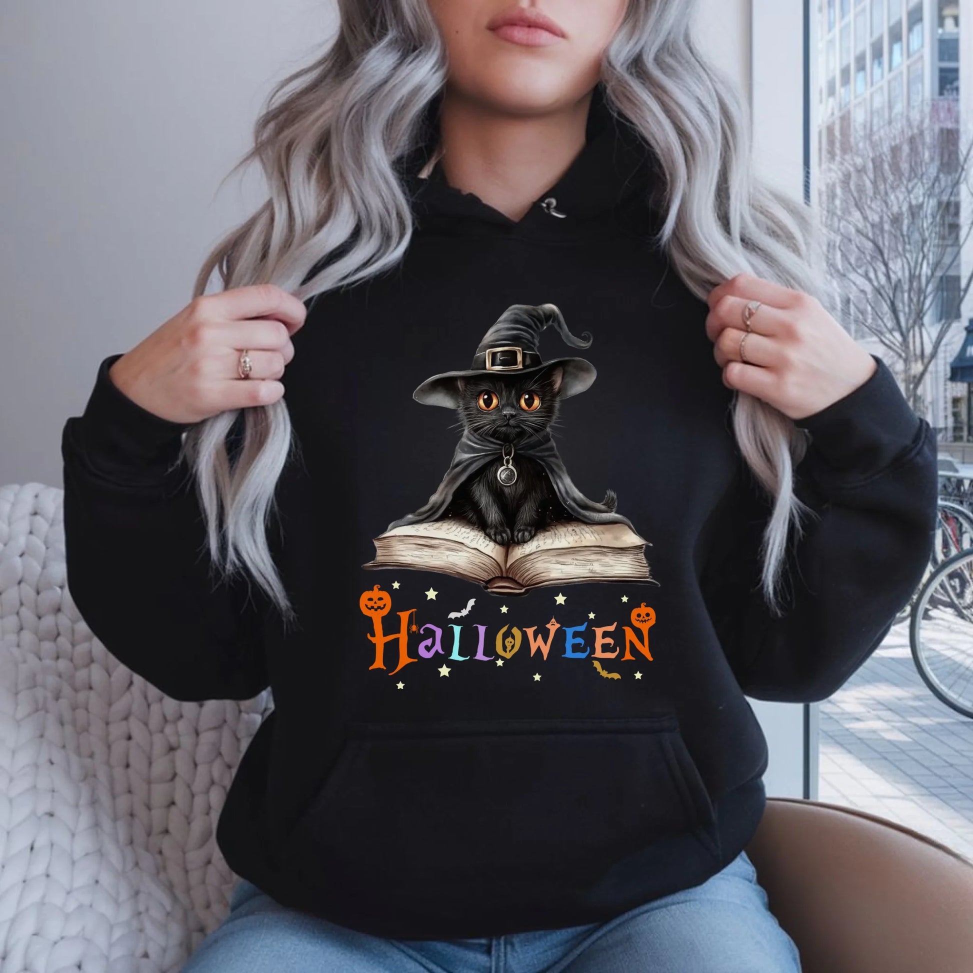 Bluza damska z kapturem na Halloween - Kot Czarodziej HL06 - StoryCups.pl