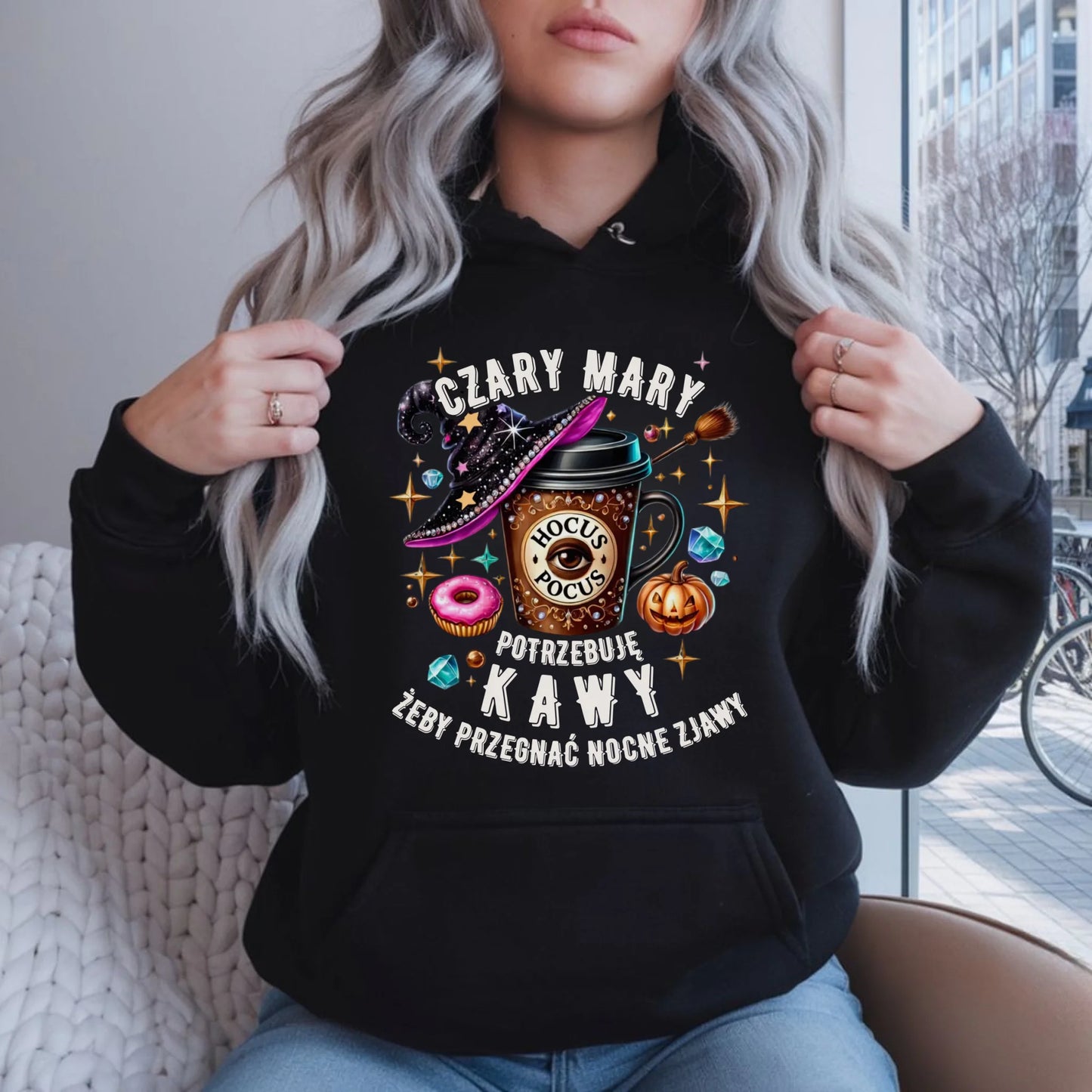 Bluza damska z kapturem na Halloween - Potrzebuję kawy HL03 - StoryCups.pl