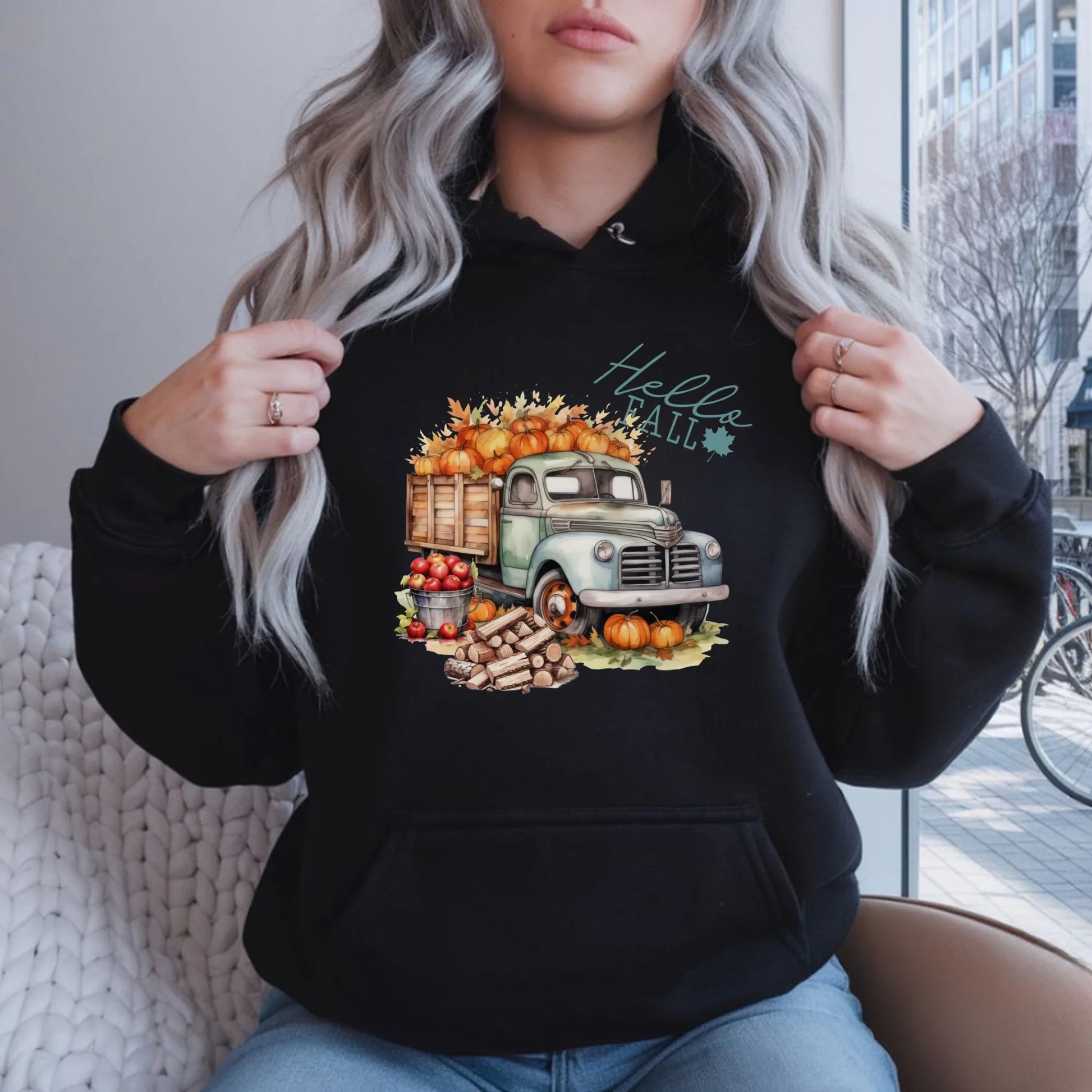 Bluza damska z kapturem – Hello Fall ciężarówka z dyniami JS08 - StoryCups.pl