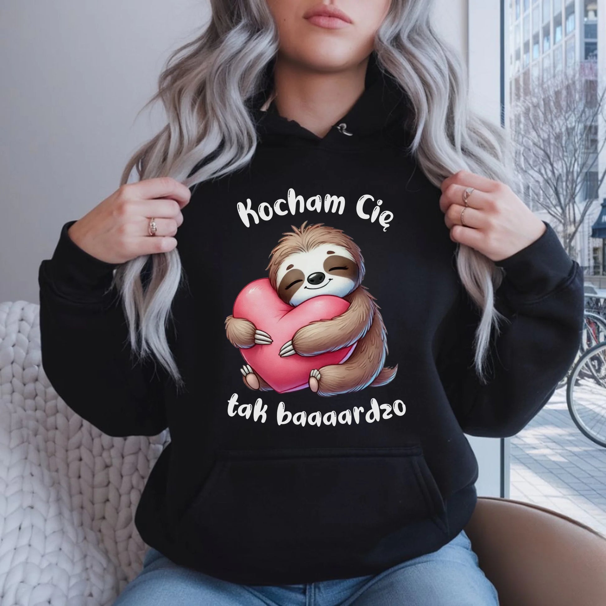Bluza damska z kapturem - Leniwiec Kocham Cię tak baaaardzo W16 - StoryCups.pl