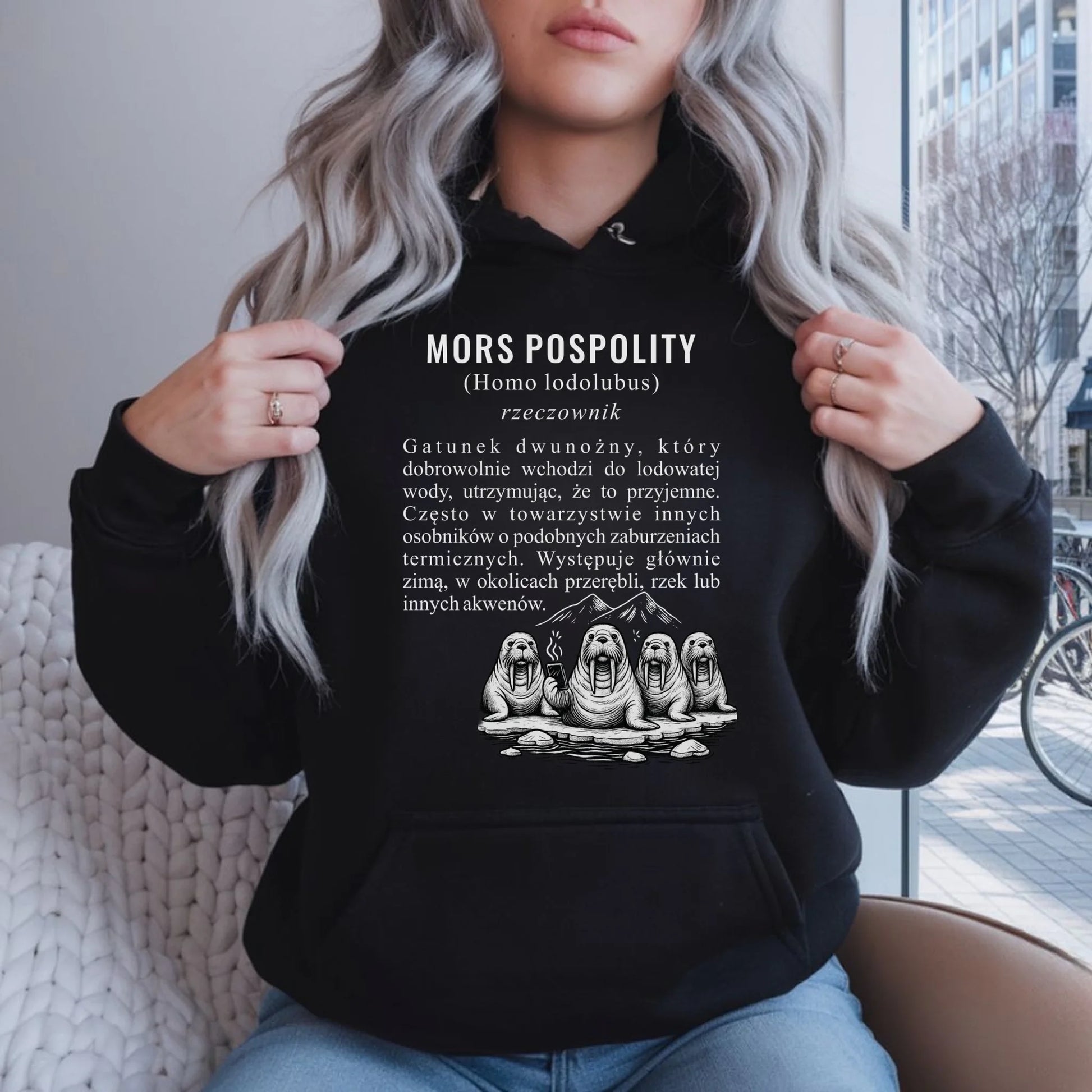 Bluza damska z kapturem - prezent dla morsa - Mors pospolity [Homo lodolubus] HM12 - StoryCups.pl
