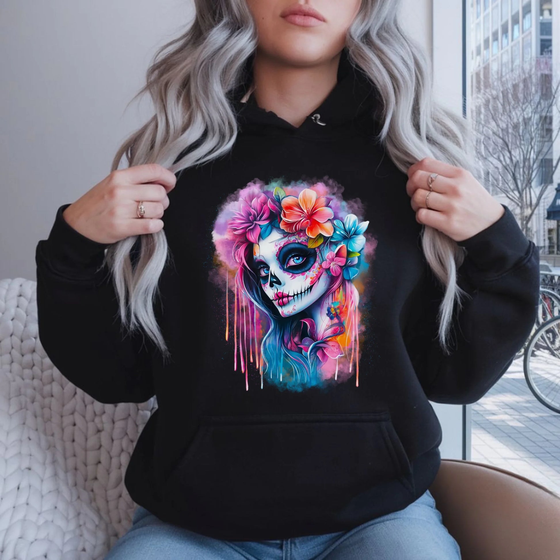 Bluza damska z kapturem Halloween - kolorowa czaszka z kwiatami La Muerte HL05 - StoryCups.pl