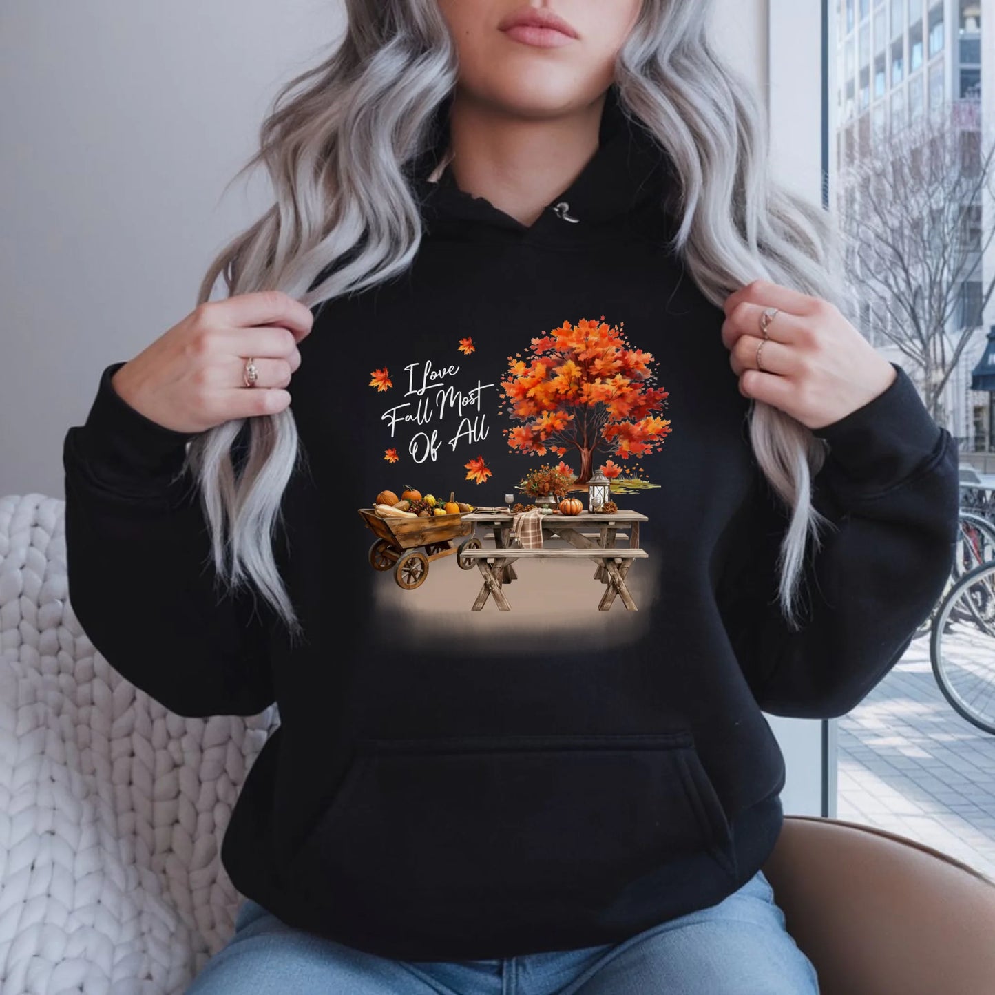 Bluza damska z kapturem jesieniara - Jesienny piknik z dyniami JS04 - StoryCups.pl