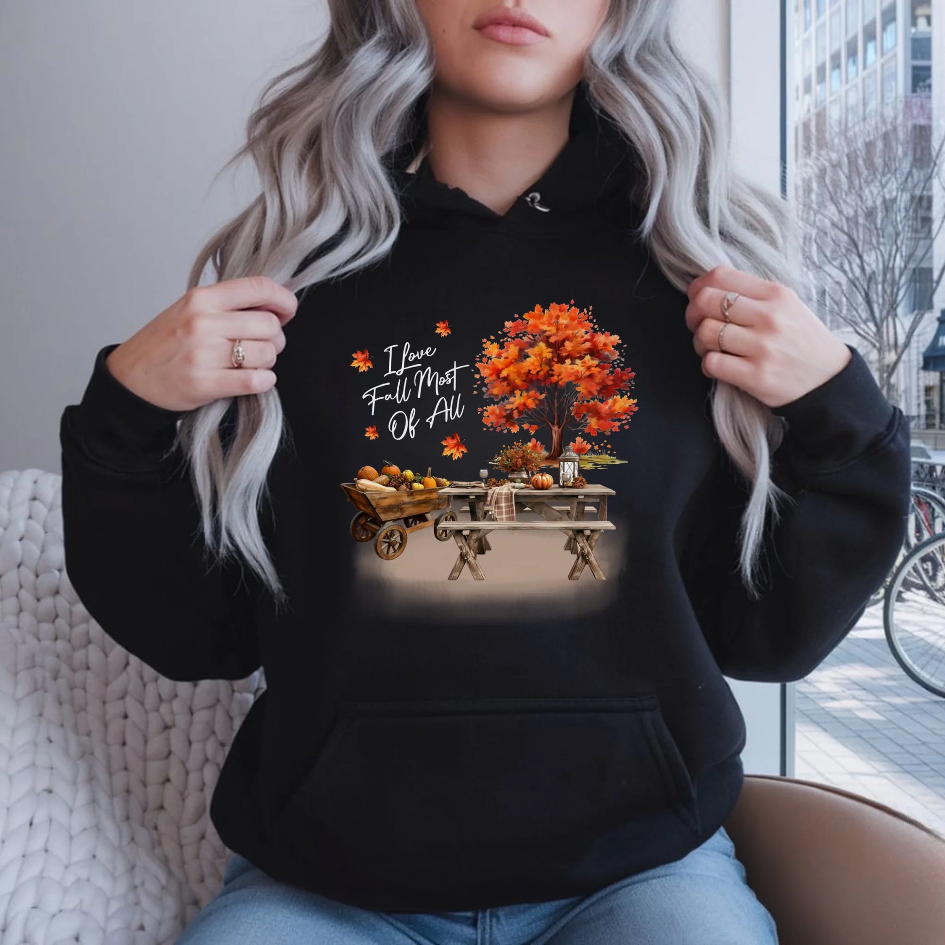 Bluza damska z kapturem jesieniara - Jesienny piknik z dyniami JS04 - StoryCups.pl