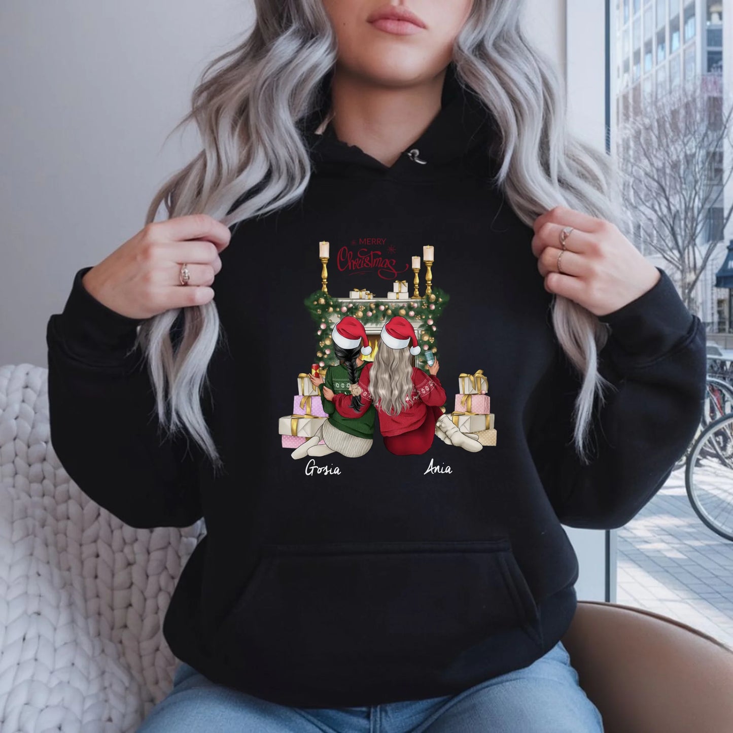 Bluza damska z kapturem świąteczna - prezent dla przyjaciółki - personalizowane postacie 2-4 osoby PR04 - StoryCups.pl