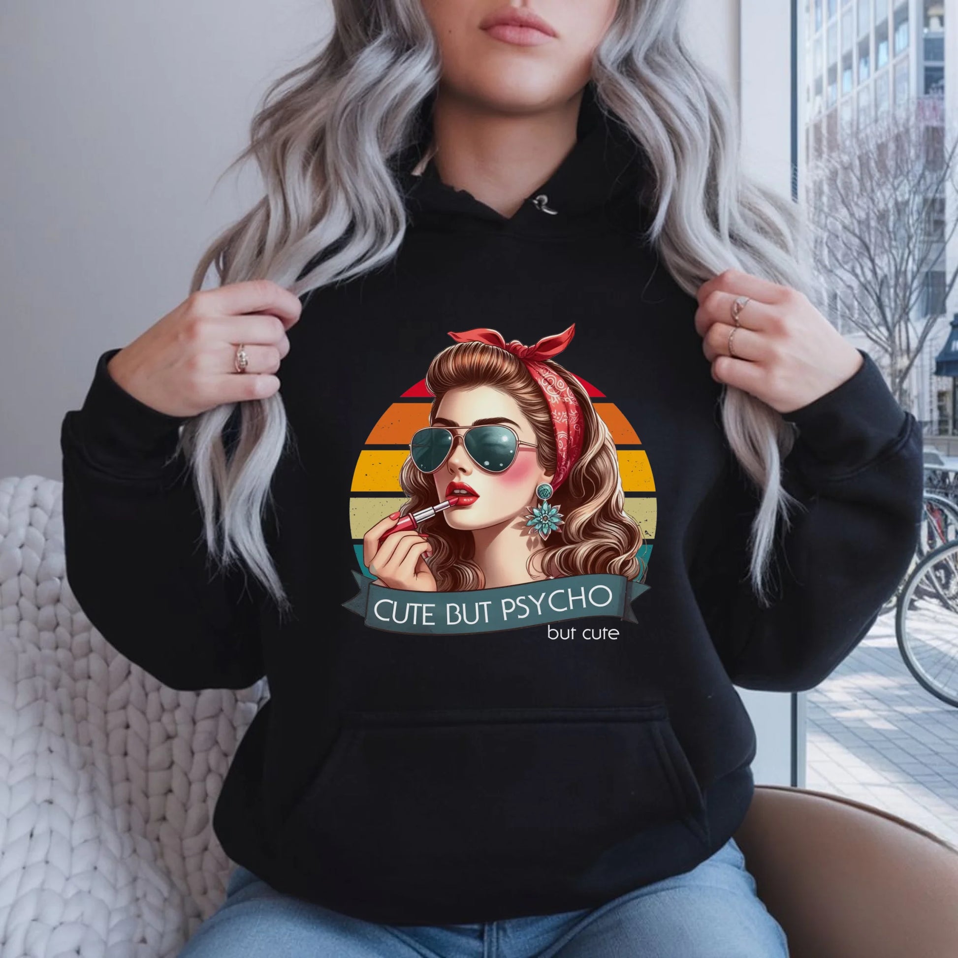 Bluza damska z kapturem – Cute but psycho - w stylu retro DZ09 - StoryCups.pl