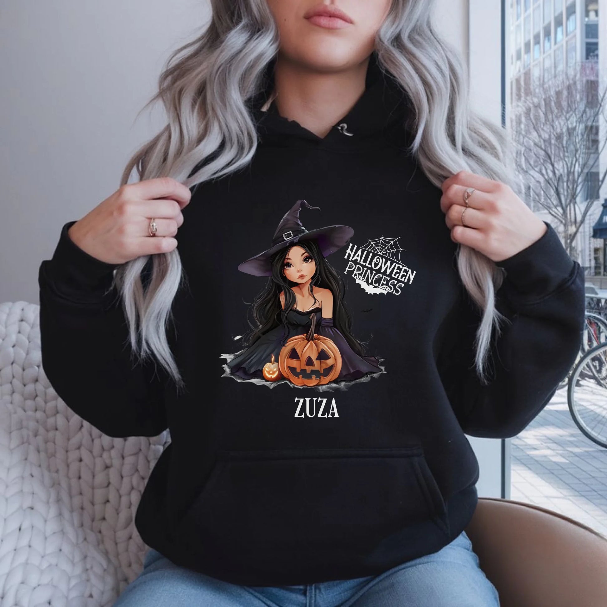 Bluza damska z kapturem halloweenowa - Czarownica z dynią - personalizowana HL10 - StoryCups.pl