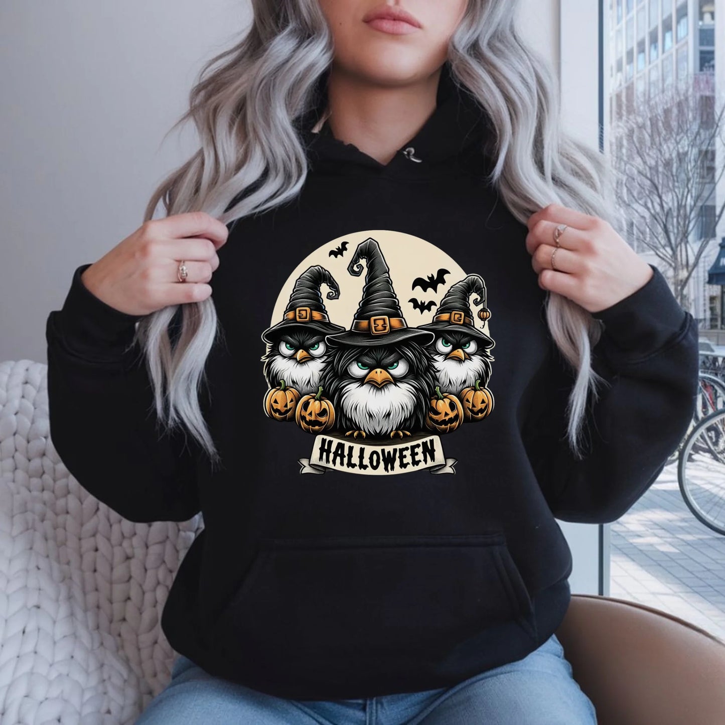 Bluza damska z kapturem na Halloween - Upiorne sowy wiedźmy HL15 - StoryCups.pl