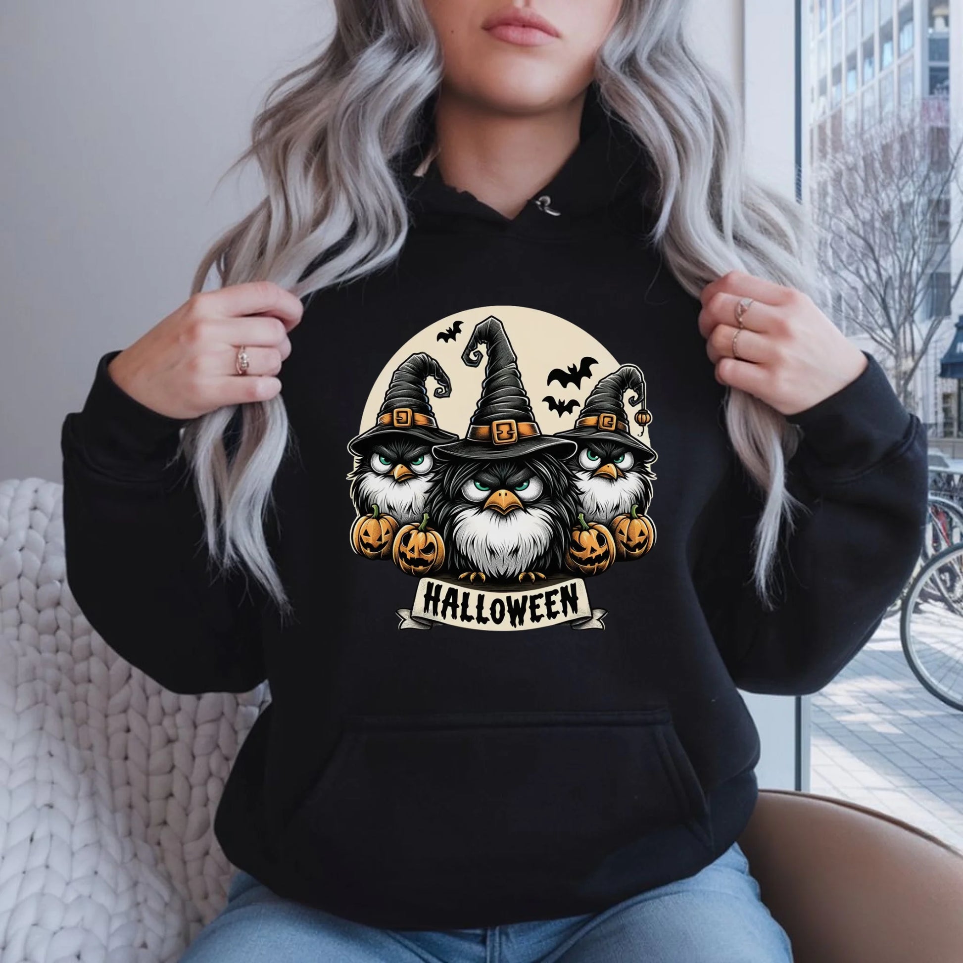 Bluza damska z kapturem na Halloween - Upiorne sowy wiedźmy HL15 - StoryCups.pl