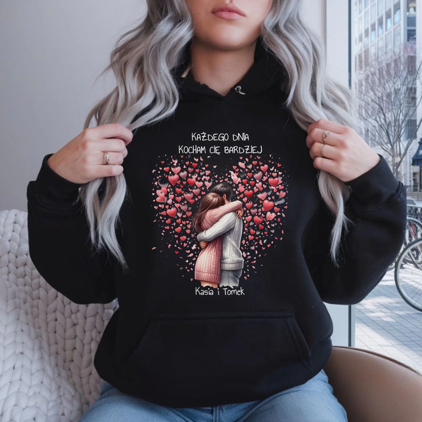 Bluza damska z kapturem dla par - prezent dla dziewczyny - Kocham Cię - personalizowana W09 - StoryCups.pl