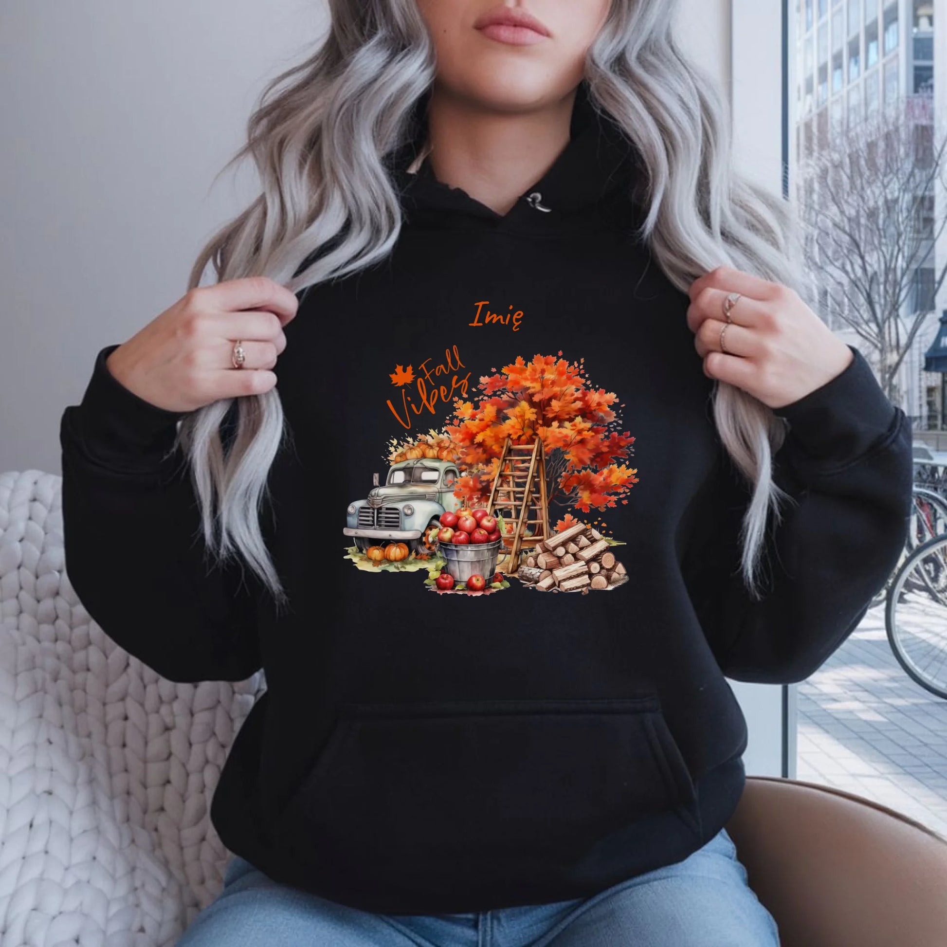 Bluza damska z kapturem jesienna – Vintage auto dynie i jabłka – personalizowana JS07 - StoryCups.pl
