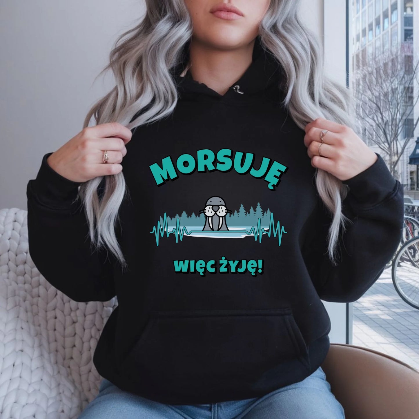 Bluza damska z kapturem - prezent dla morsa - Morsuję więc żyję - Mors HM02 - StoryCups.pl