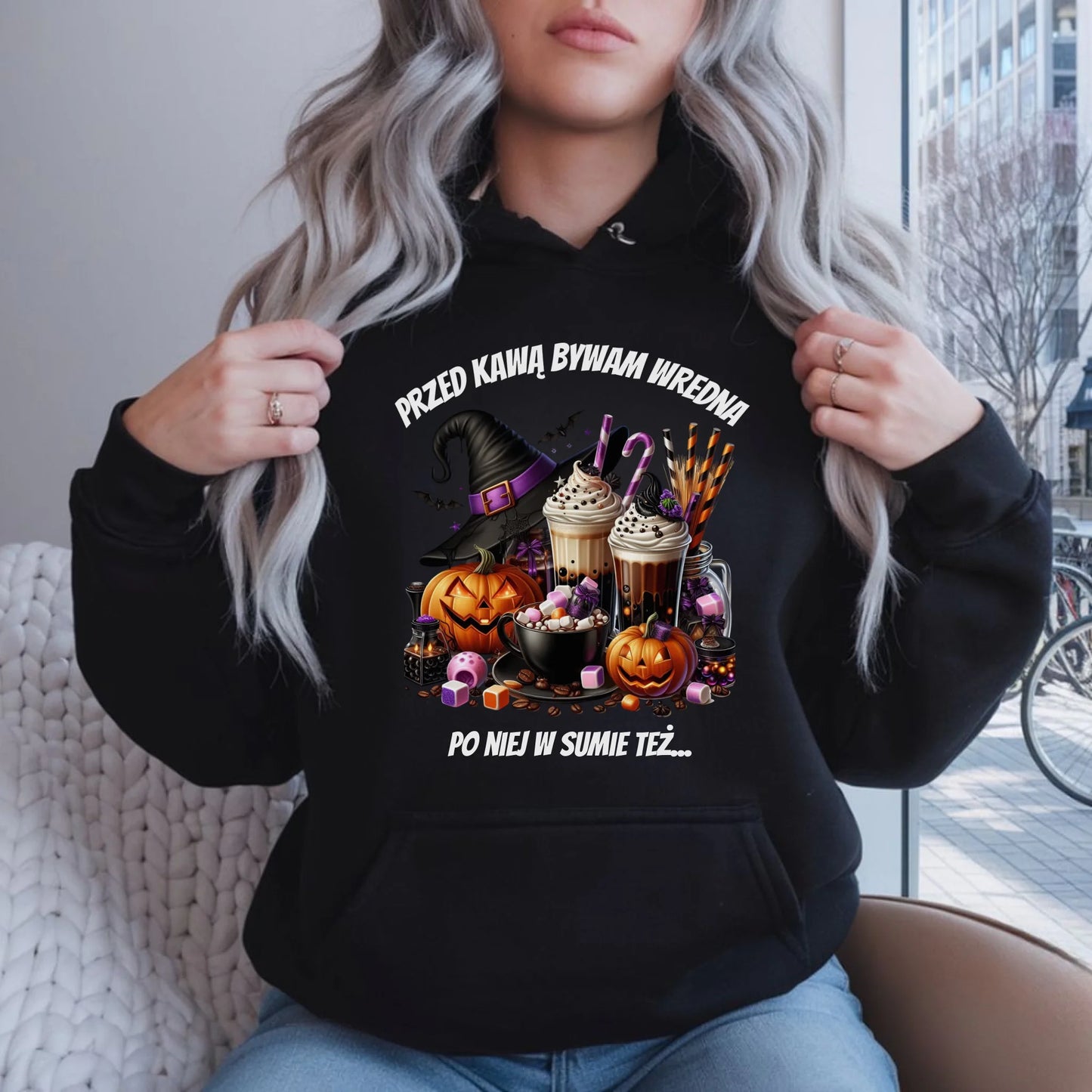 Bluza damska z kapturem Halloween – Przed kawą bywam wredna, po niej w sumie też HL30 - StoryCups.pl
