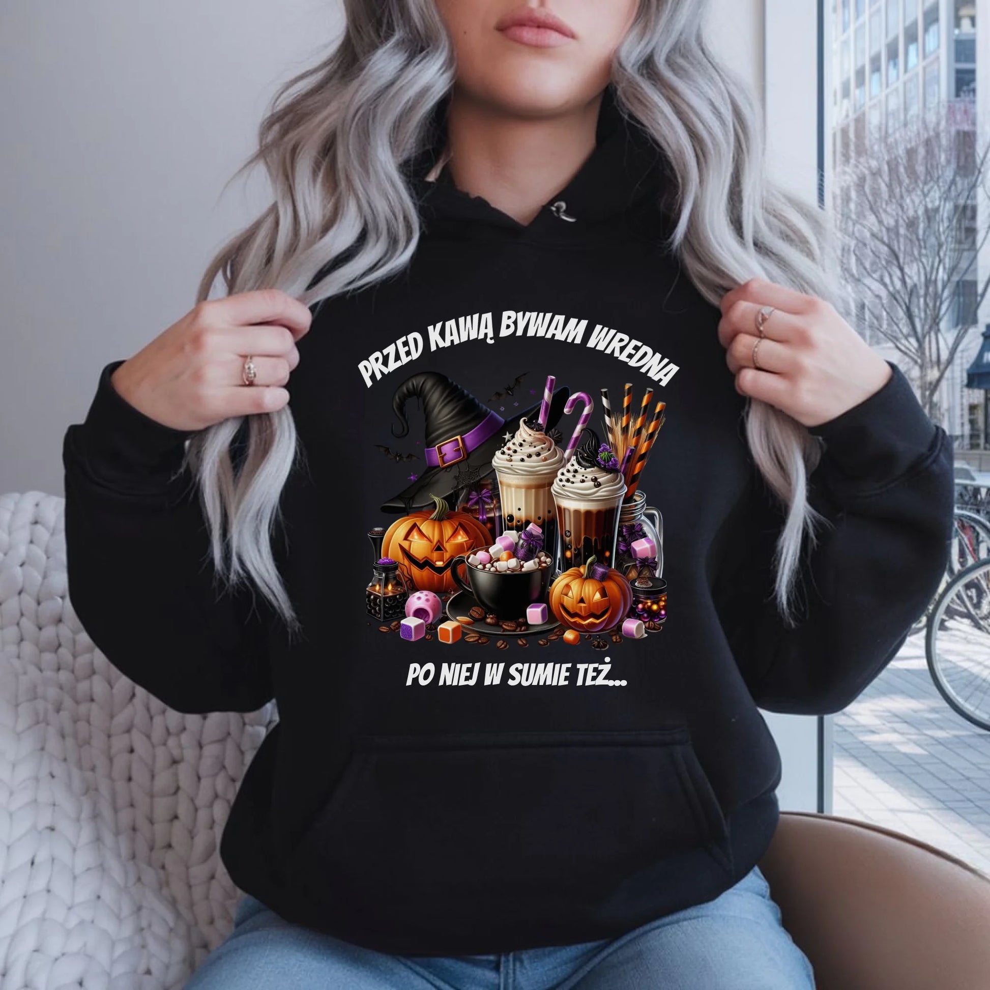 Bluza damska z kapturem Halloween – Przed kawą bywam wredna, po niej w sumie też HL30 - StoryCups.pl