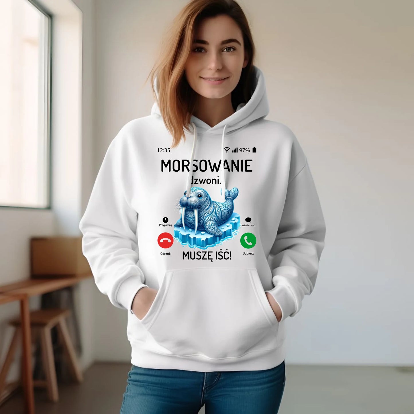 Bluza damska z kapturem - prezent dla morsa - Morsowanie dzwoni muszę iść - Mors HM04 - StoryCups.pl