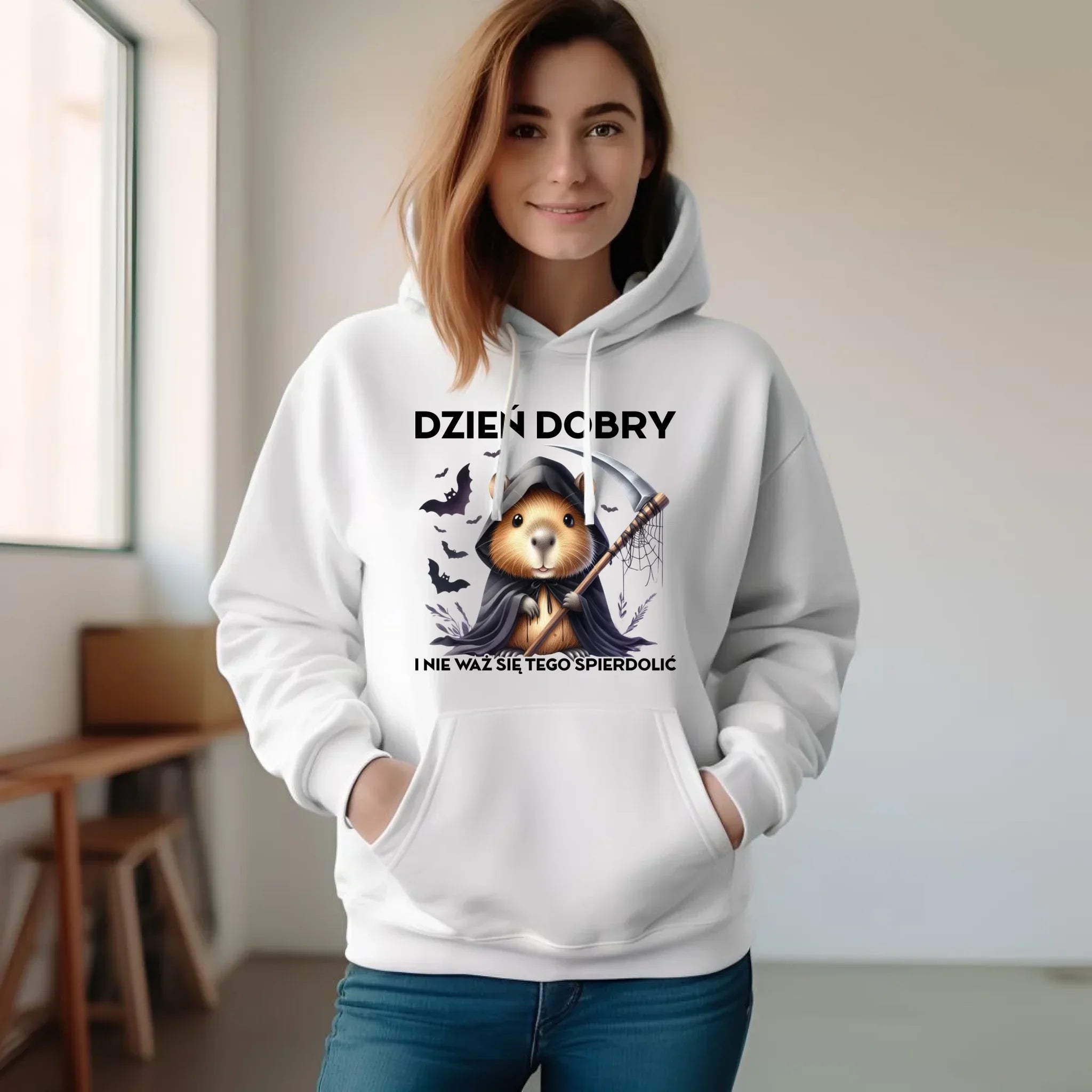 Bluza damska z kapturem na halloween - Kapibara Żniwiarz - Dzień dobry - bez cenzury HL20 - StoryCups.pl