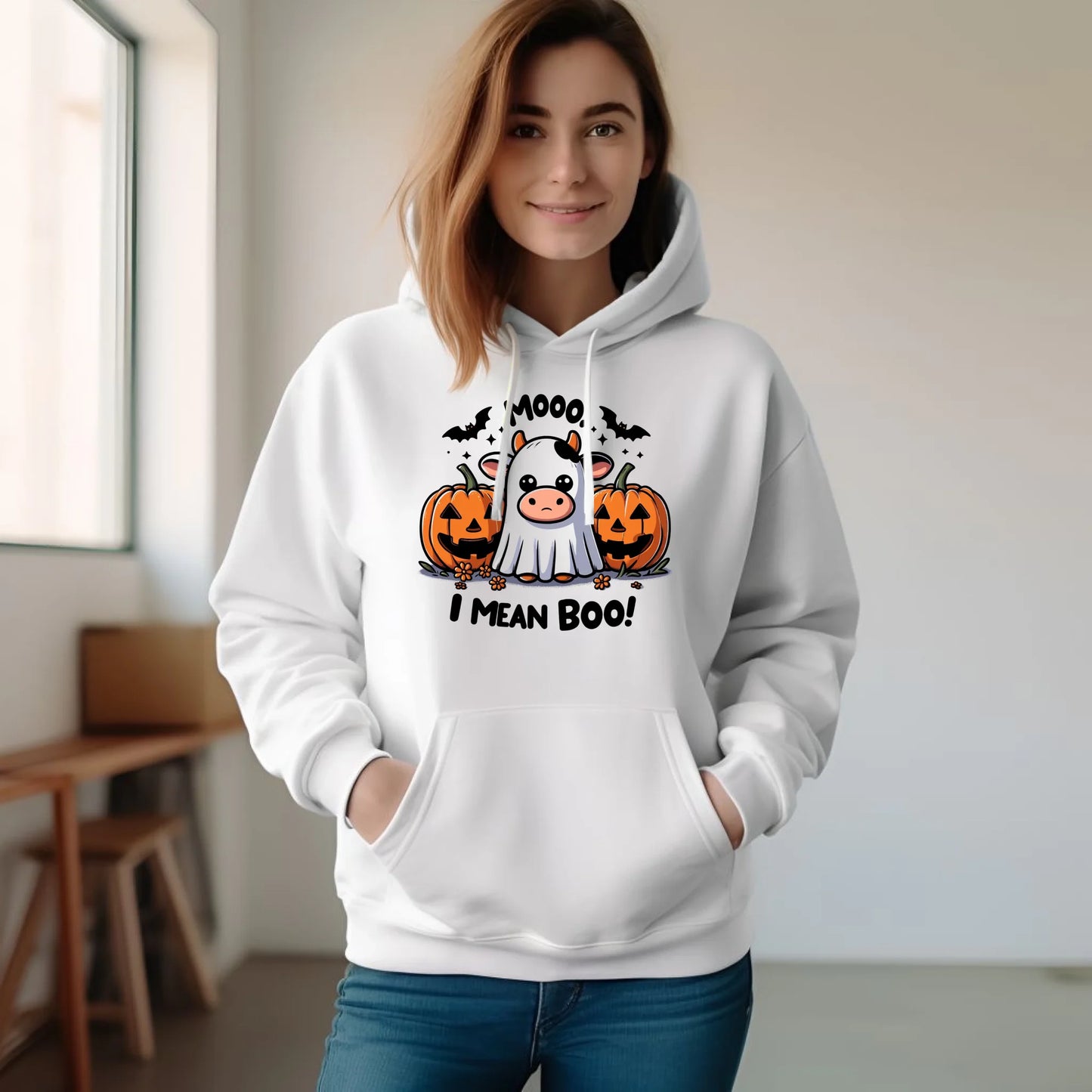 Bluza damska z kapturem na Halloween - Mooo I mean Boo! - z dynią i duchem HL14 - StoryCups.pl
