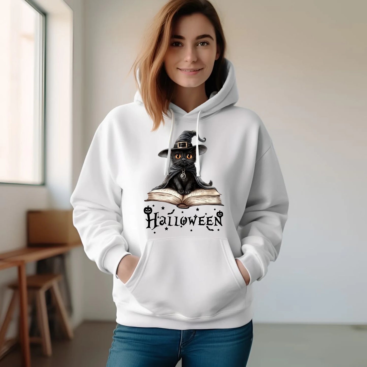 Bluza damska z kapturem na Halloween - Kot Czarodziej HL06 - StoryCups.pl