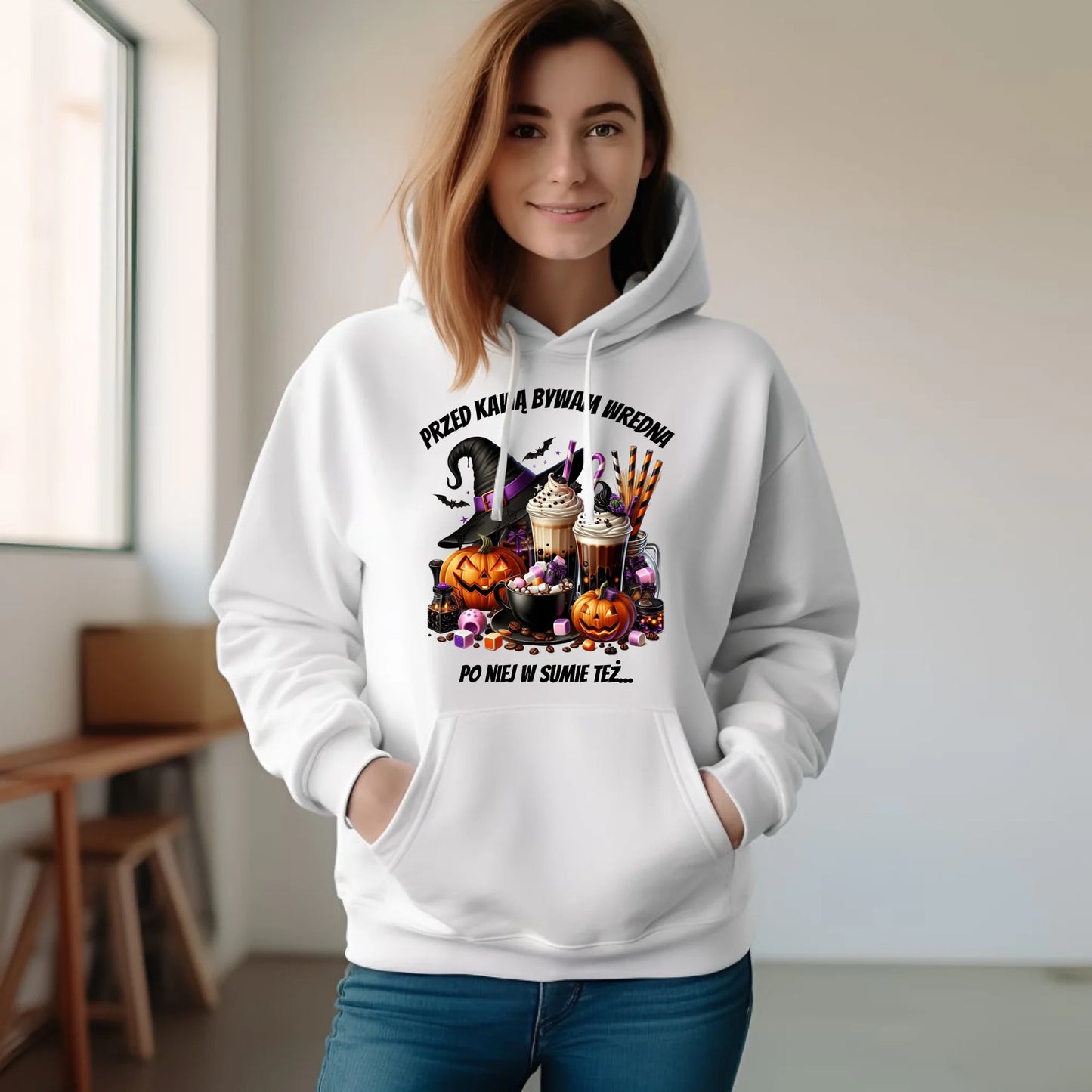 Bluza damska z kapturem Halloween – Przed kawą bywam wredna, po niej w sumie też HL30 - StoryCups.pl
