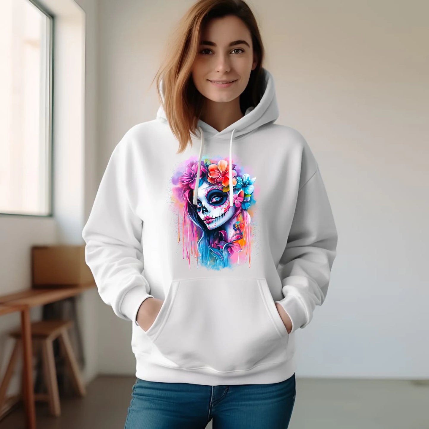 Bluza damska z kapturem Halloween - kolorowa czaszka z kwiatami La Muerte HL05 - StoryCups.pl