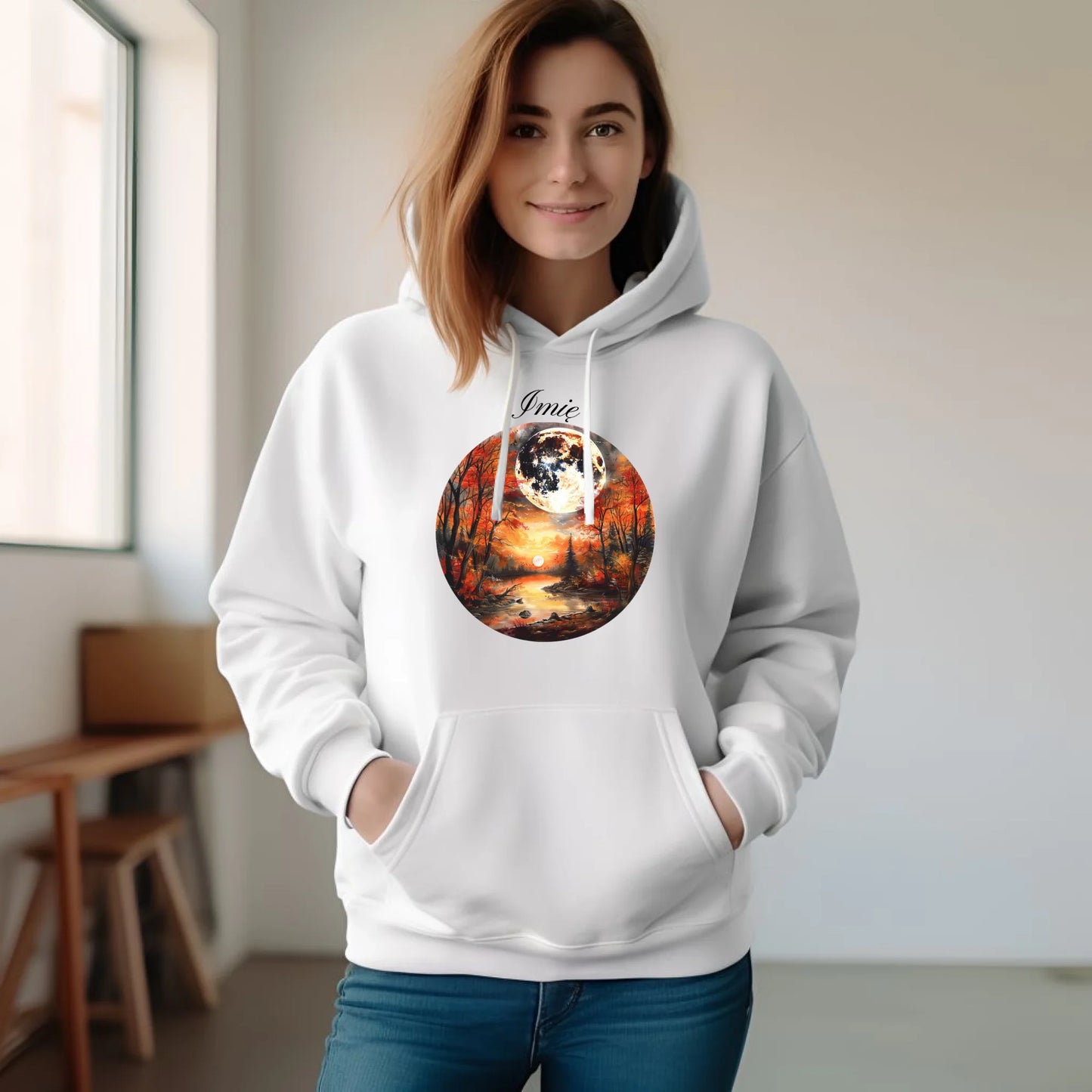 Bluza damska z kapturem jesieniara - Pełnia księżyca - personalizowana JS10 - StoryCups.pl