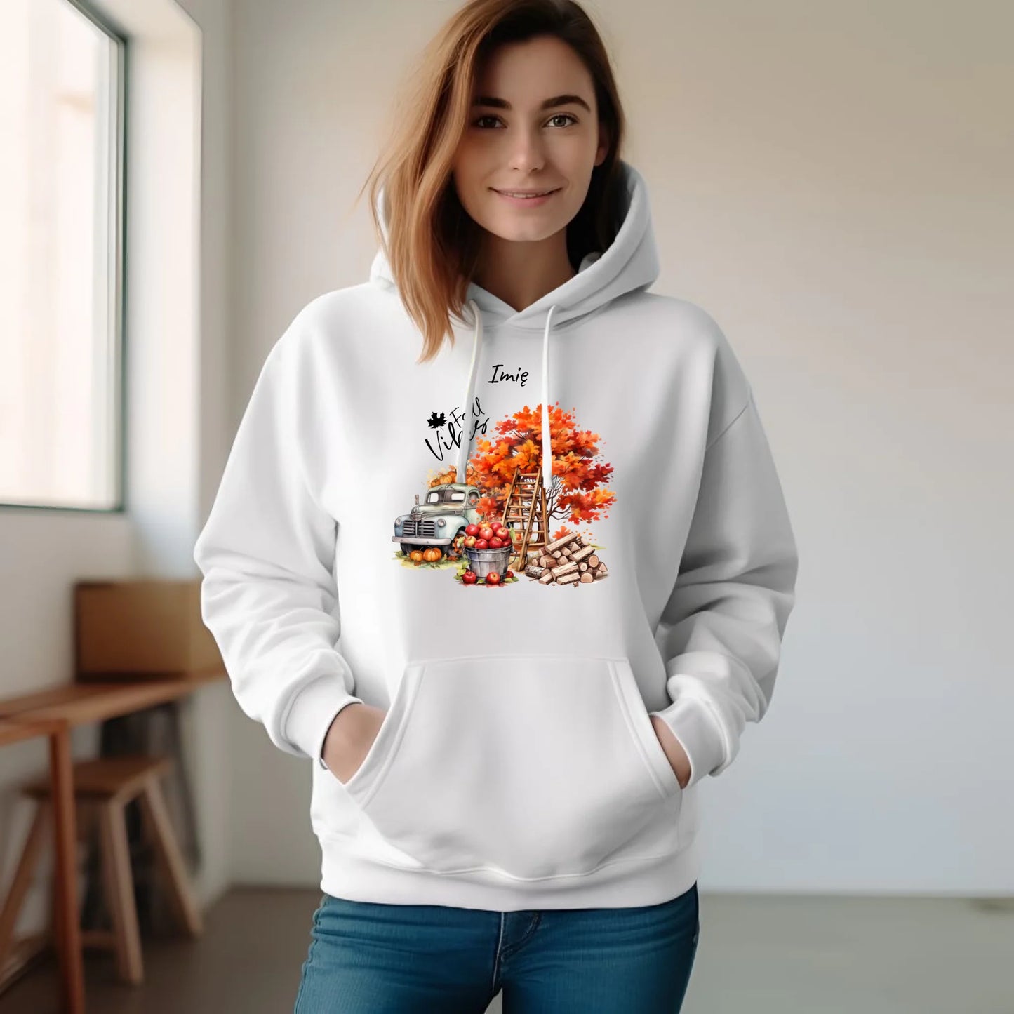 Bluza damska z kapturem jesienna – Vintage auto dynie i jabłka – personalizowana JS07 - StoryCups.pl