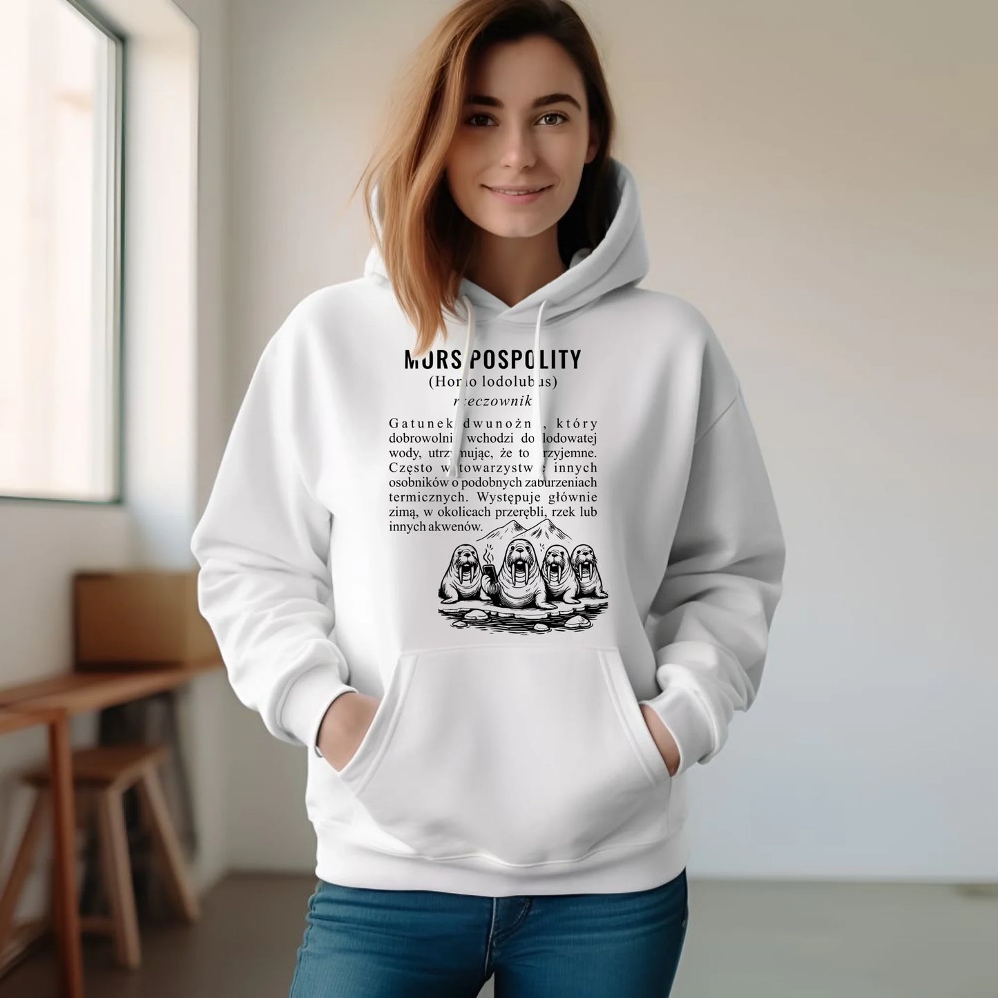 Bluza damska z kapturem - prezent dla morsa - Mors pospolity [Homo lodolubus] HM12 - StoryCups.pl