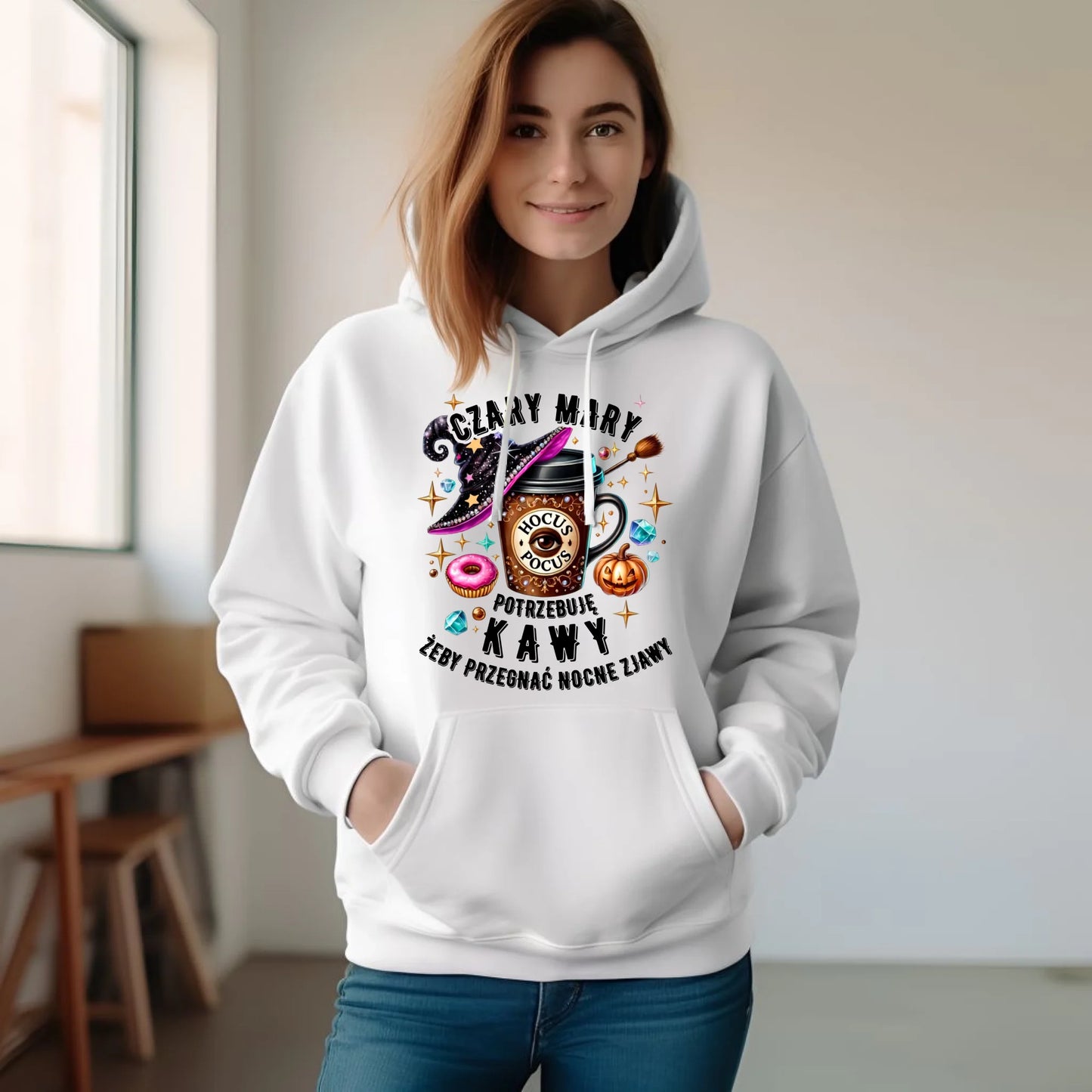 Bluza damska z kapturem na Halloween - Potrzebuję kawy HL03 - StoryCups.pl