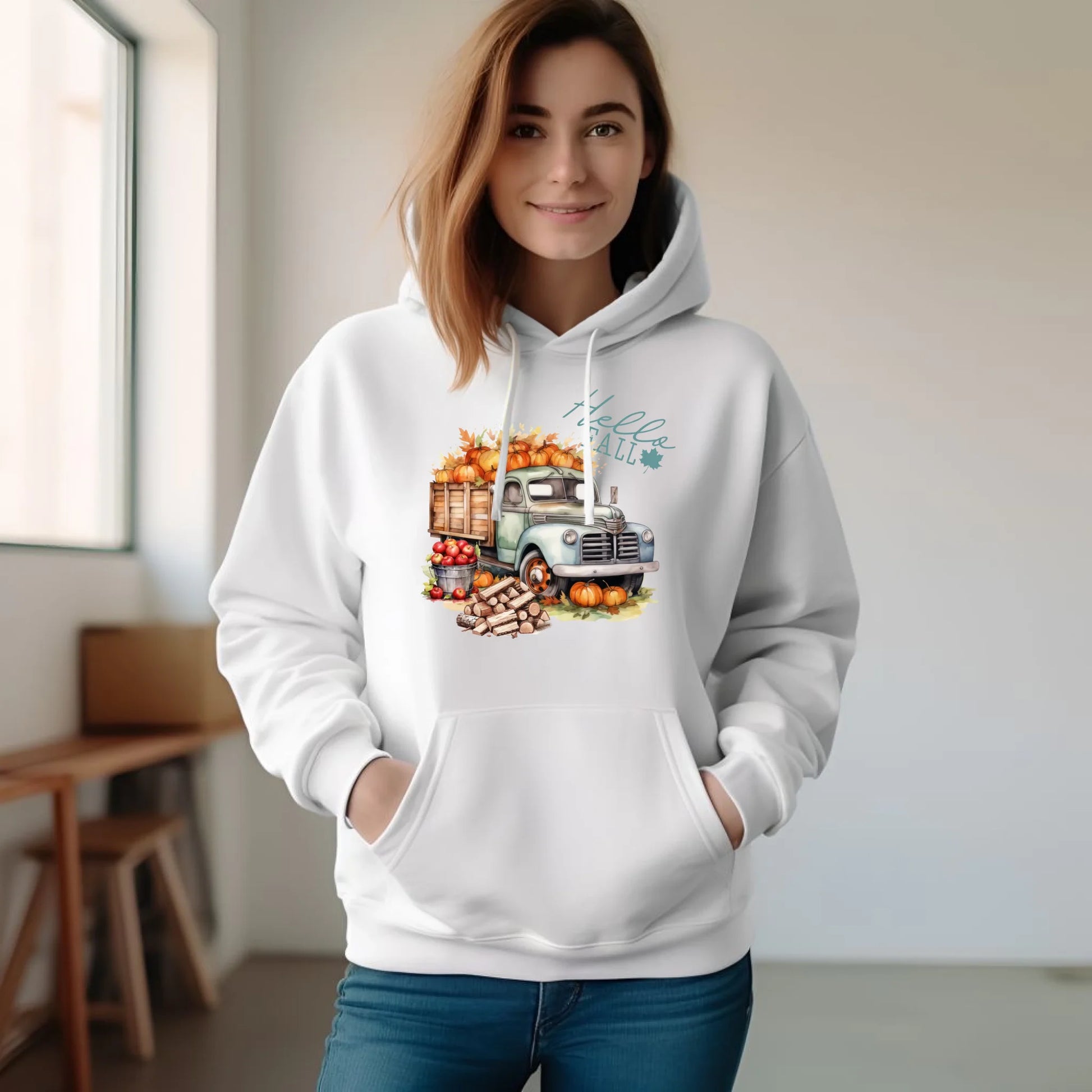 Bluza damska z kapturem – Hello Fall ciężarówka z dyniami JS08 - StoryCups.pl