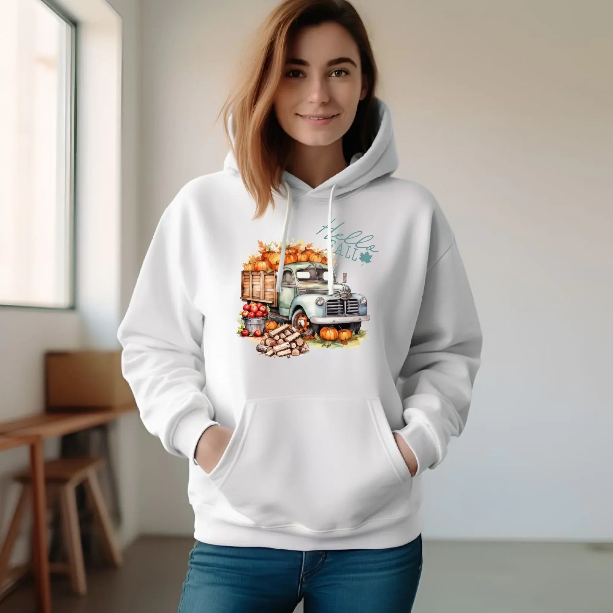 Bluza damska z kapturem – Hello Fall ciężarówka z dyniami JS08 - StoryCups.pl