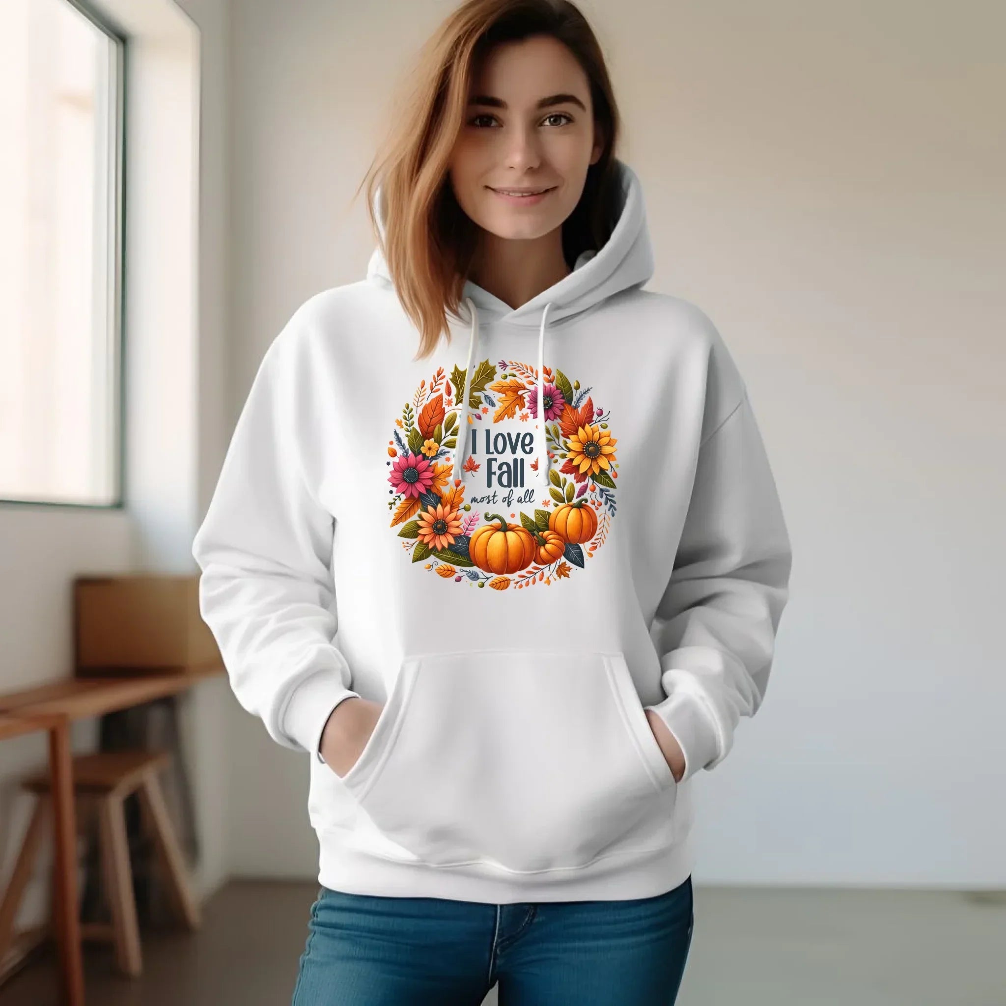 Bluza damska z kapturem jesienna - Kocham jesień - dynia z liśćmi JS03 - StoryCups.pl