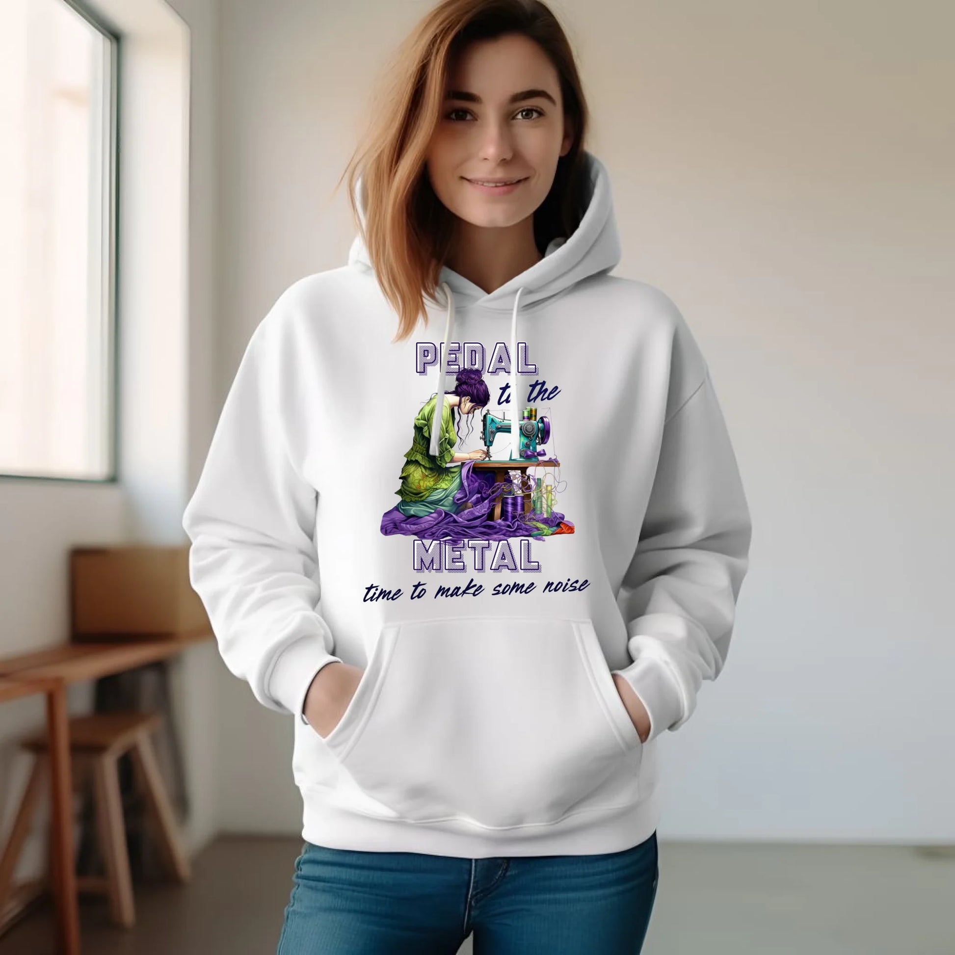 Bluza damska z kapturem szyciowa - prezent dla krawcowej - PEDAL METAL HS01 - StoryCups.pl