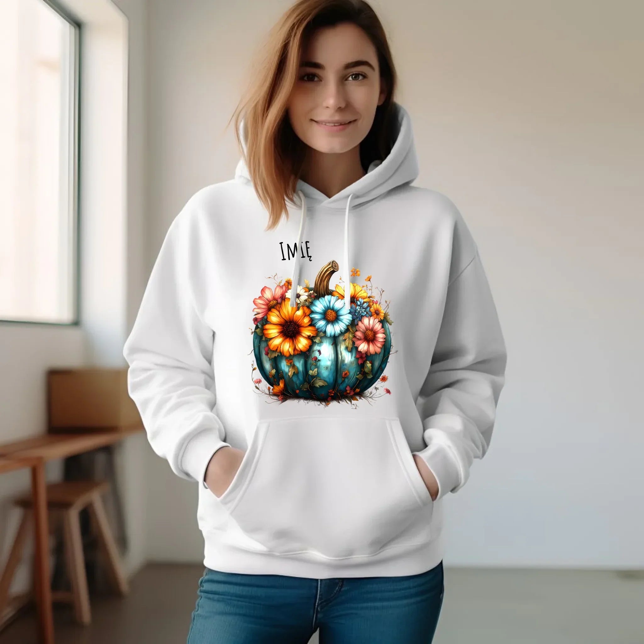 Bluza damska z kapturem jesienna - Kwiatowa dynia - personalizowana JS27 - StoryCups.pl