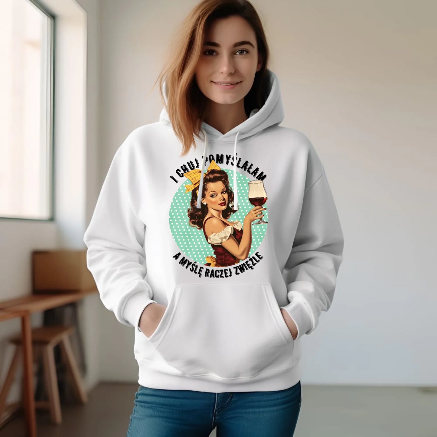 Bluza damska z kapturem retro - I ch*j pomyślałam, a myślę raczej zwięźle - bez cenzury DZ13 - StoryCups.pl