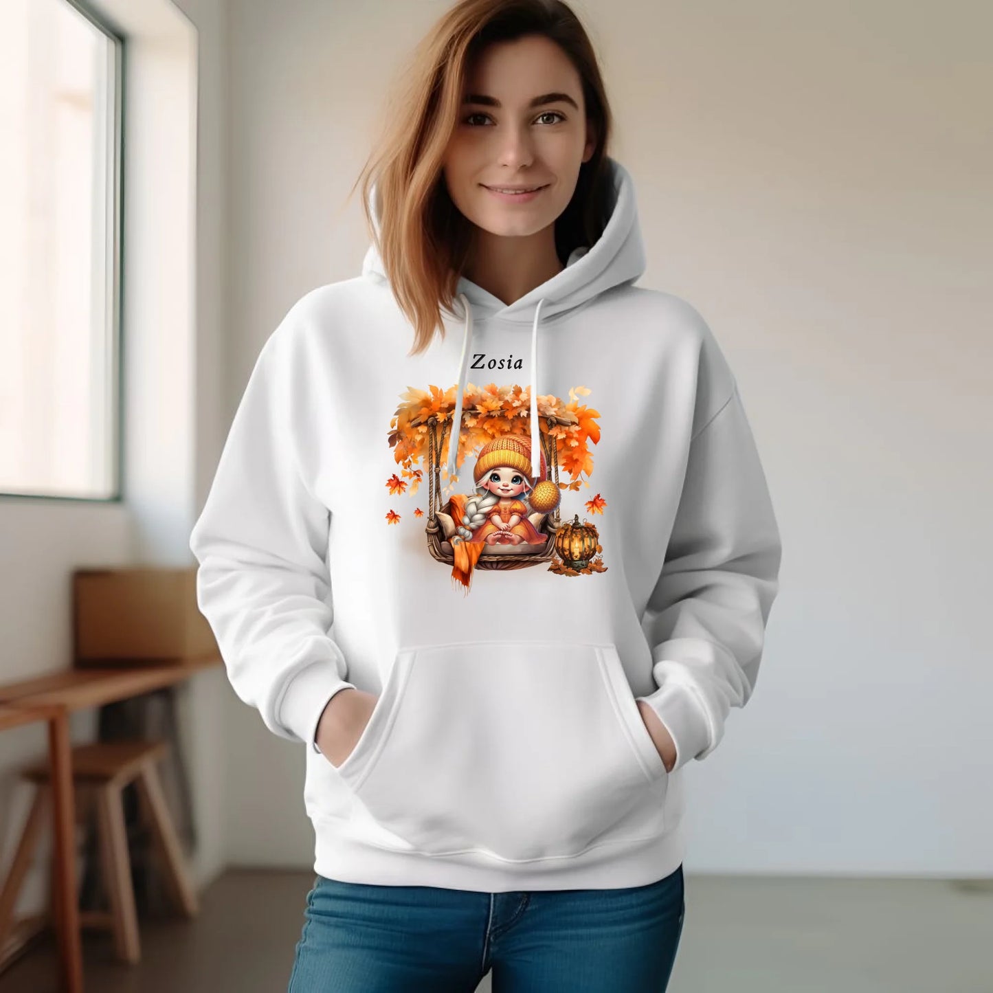 Bluza damska z kapturem jesieniara - Dziewczynka z liśćmi - personalizowana JS17 - StoryCups.pl