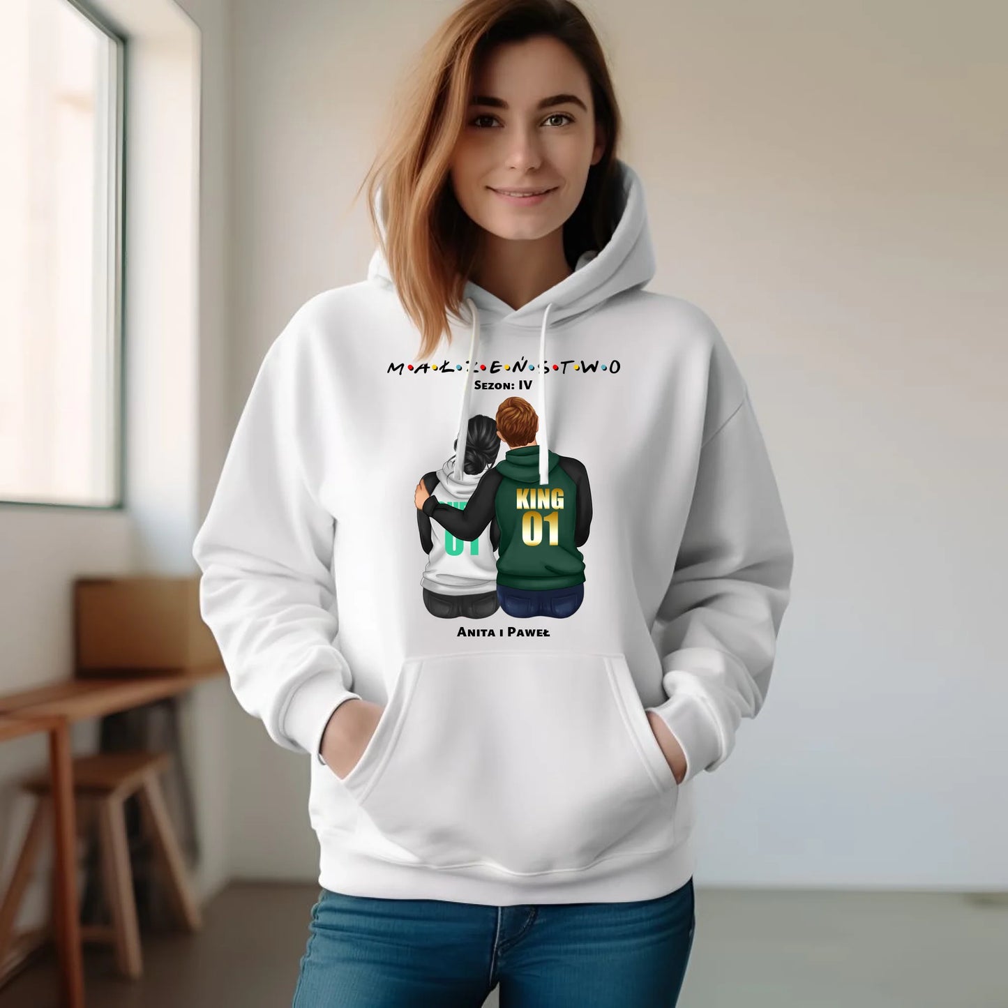 Bluza damska z kapturem dla par - personalizowany prezent dla żony na rocznicę ślubu – Małżeństwo W05 - StoryCups.pl