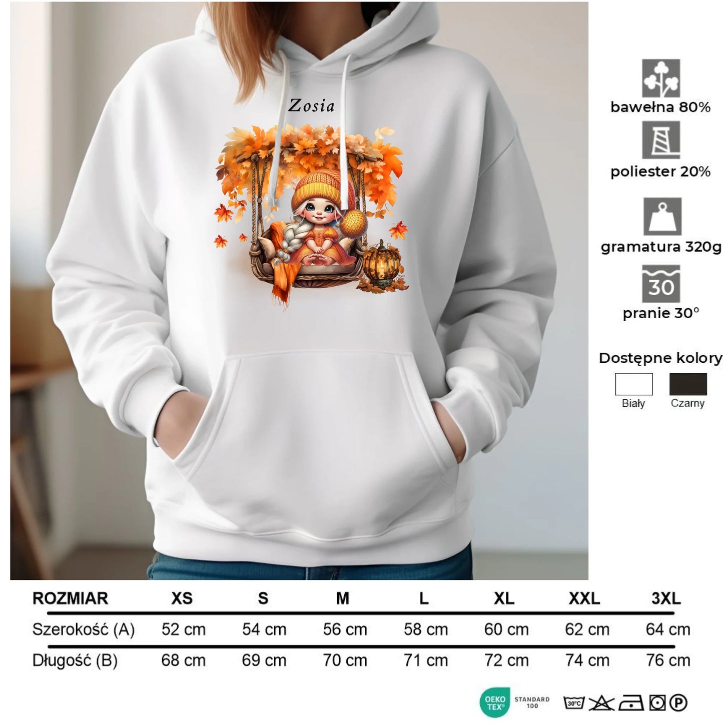 Bluza damska z kapturem jesieniara - Dziewczynka z liśćmi - personalizowana JS17 - StoryCups.pl
