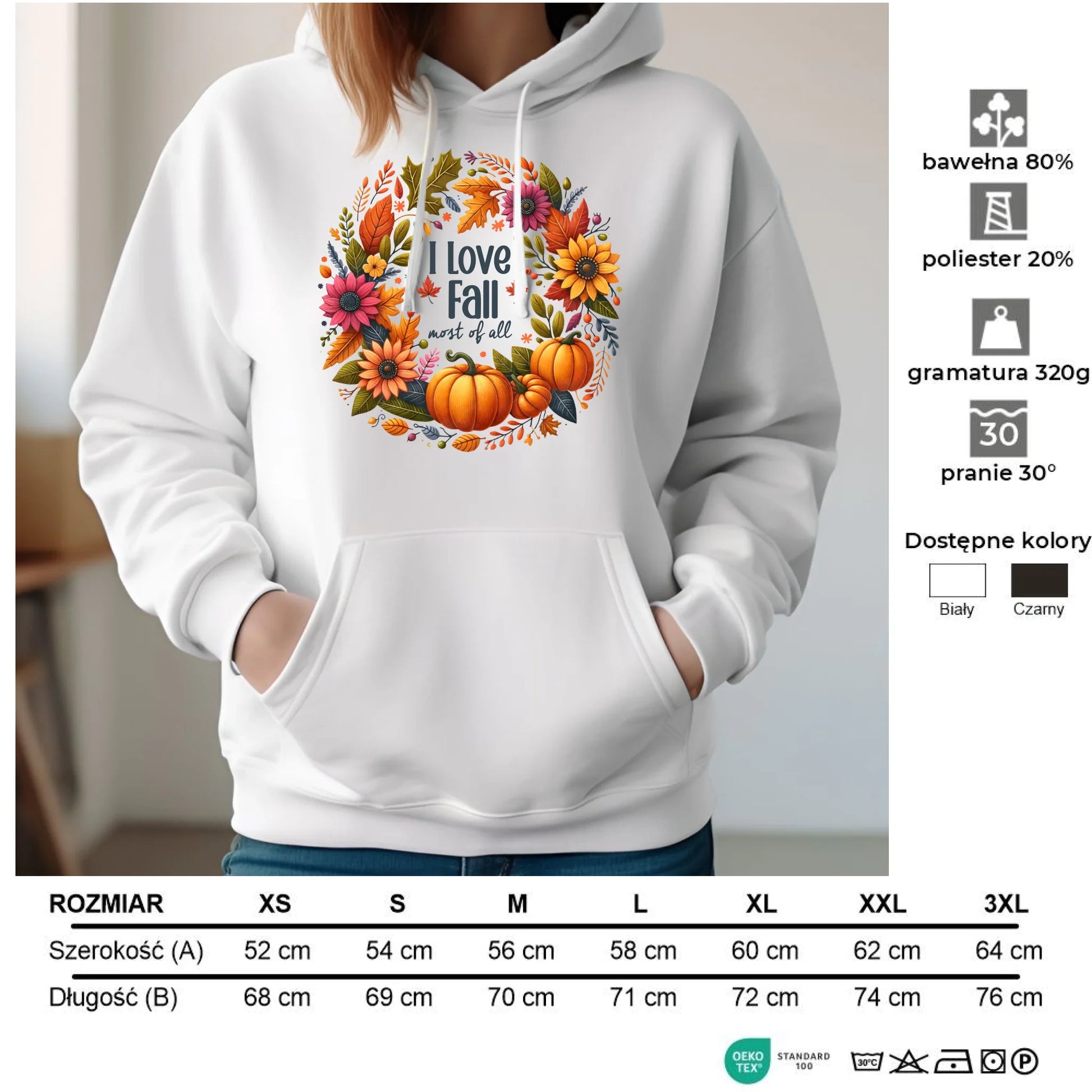 Bluza damska z kapturem jesienna - Kocham jesień - dynia z liśćmi JS03 - StoryCups.pl