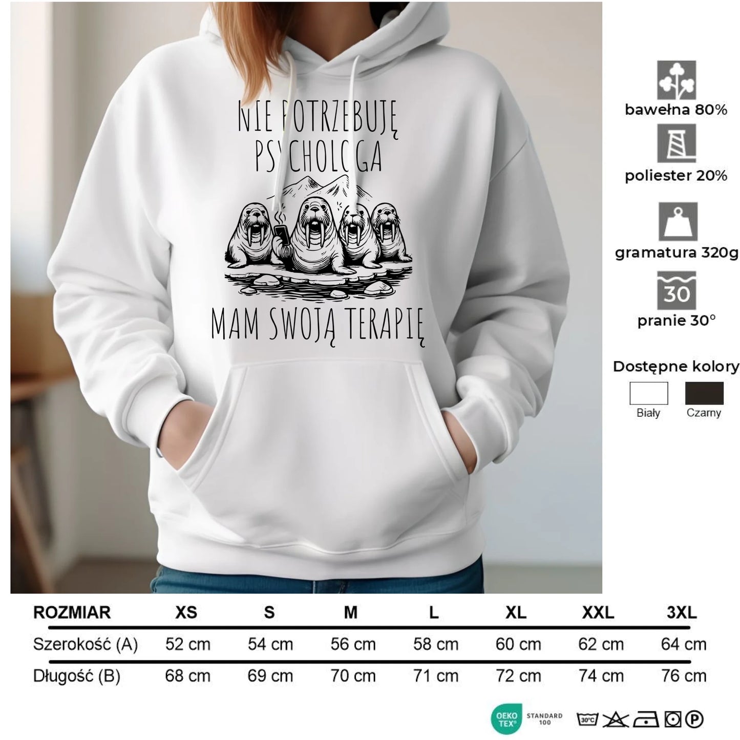 Bluza damska z kapturem - prezent dla morsa - Nie potrzebuję psychologa HM14 - StoryCups.pl