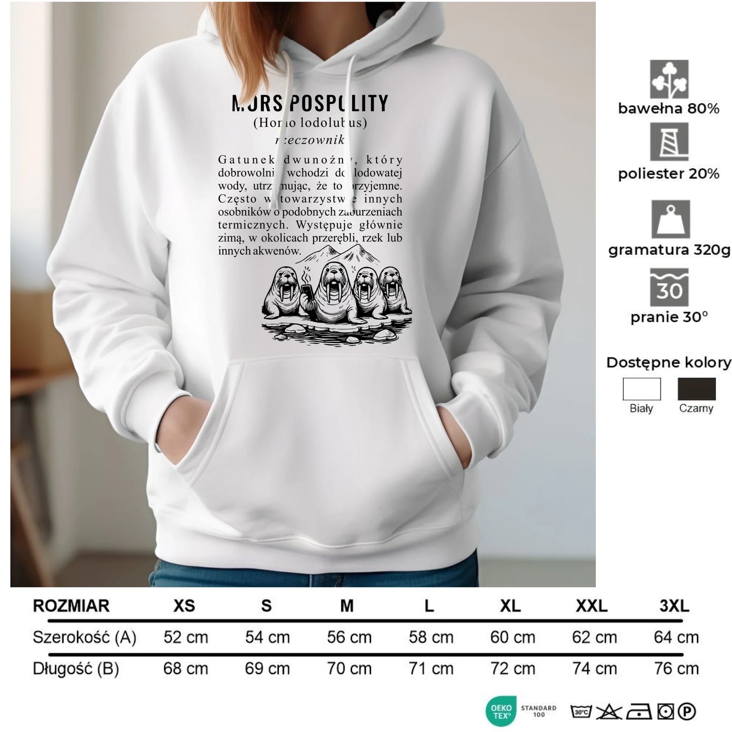 Bluza damska z kapturem - prezent dla morsa - Mors pospolity [Homo lodolubus] HM12 - StoryCups.pl